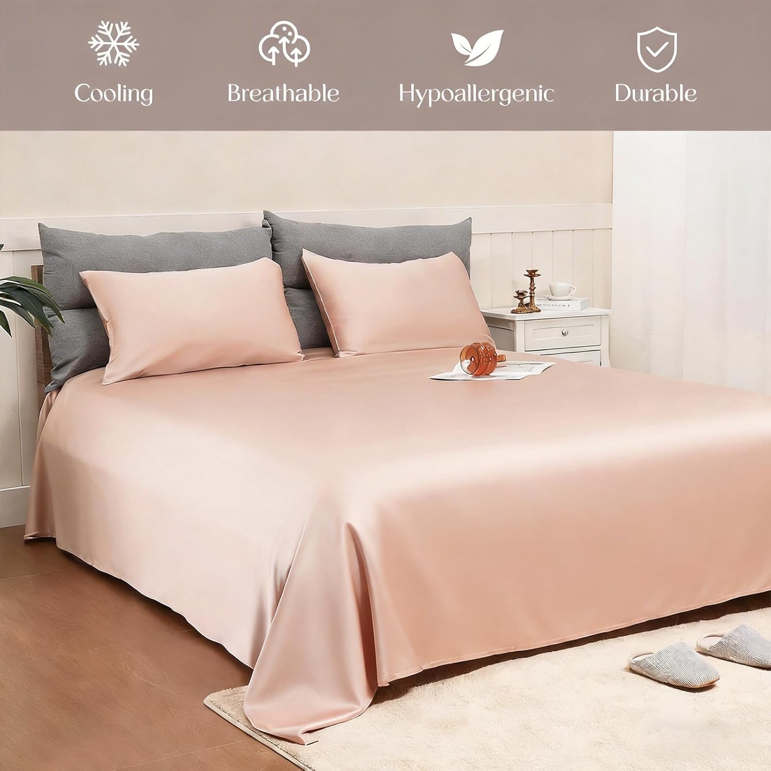 MURT Sheets Queen Size Set, 100% Viscose from Bamboo Bed Sheets, 400 Thread Count, Cooling & Silky Soft, Oeko-TEX Certified, Deep Pocket 17" for Hot Sleepers - Champagne