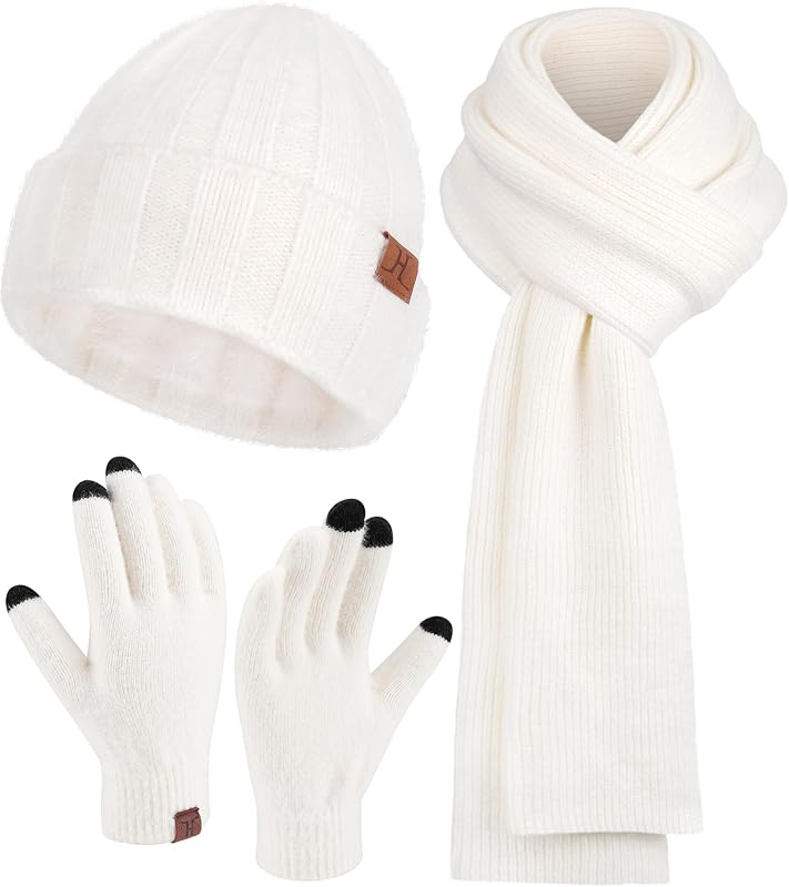 Gorro y bufanda de invierno para mujer, guantes cálidos con pantalla táctil | Guantes térmicos gruesos para conducir, correr, esquiar en la nieve, para clima frío, gorros de punto, bufandas largas de lana, gorros de calavera, regalos para mujeres