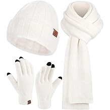 Womens Winter Warm Knit Beanie Hat Touchscreen Gloves Long Neck Scarf Set with Fleece Lined Skull Caps Gifts for Women