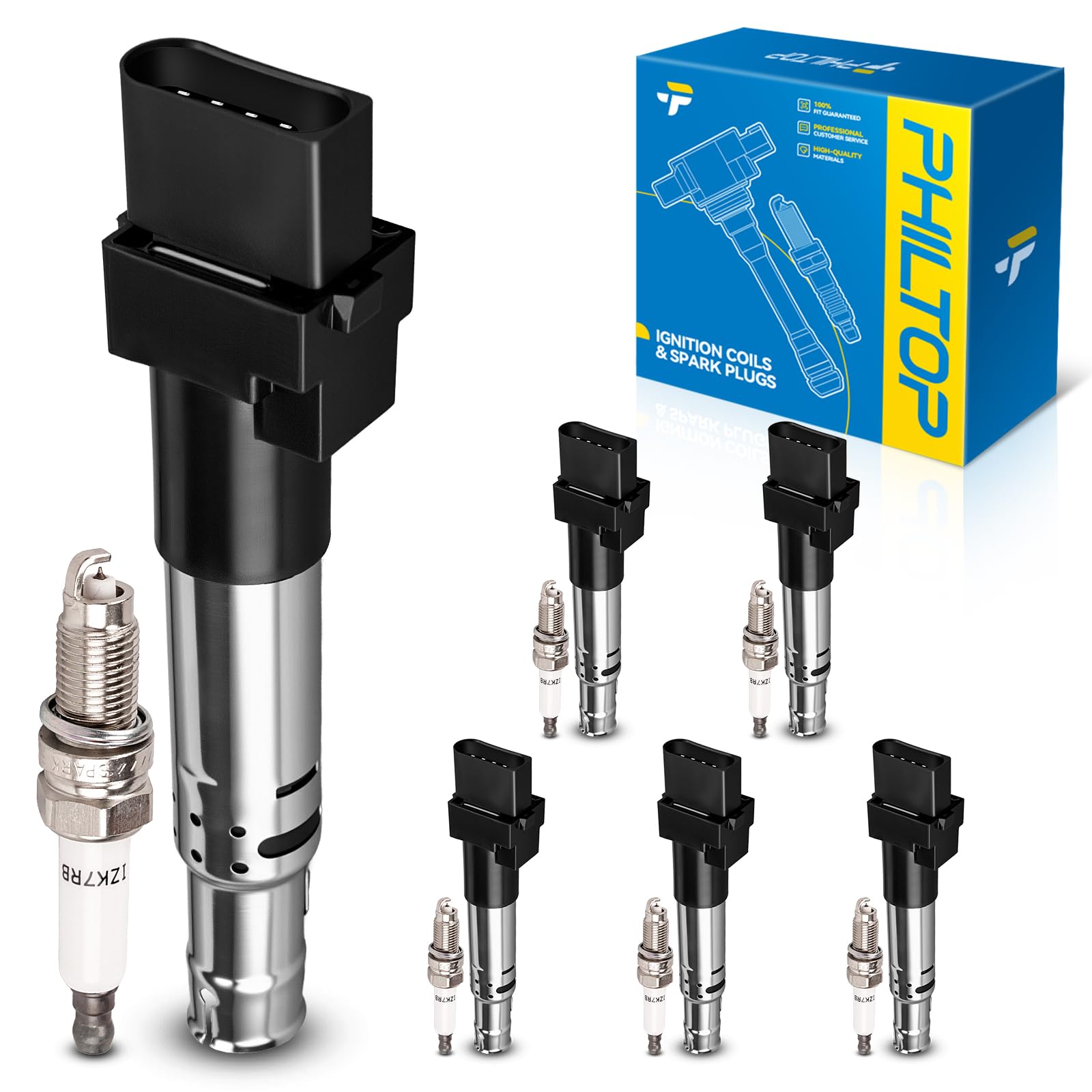 PHILTOP UF616 Ignition Coil Pack and Spark Plug Kit Fit for Touareg R32 | 2004-2006, 2009, 2008 Audi TT Quattro 3.2L, 2004-2006 Volkswagen Touareg 3.2L, 2004, 2008 Volkswagen R32