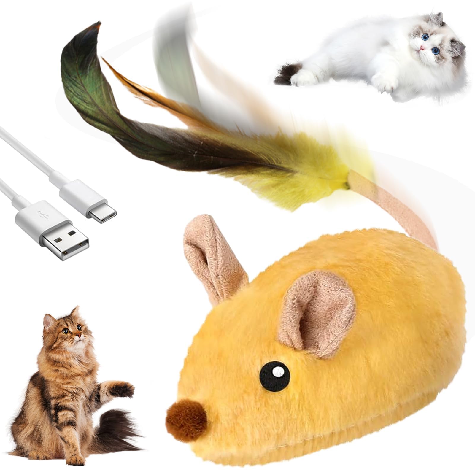 TaimeiMao Ratón de Juguete Eléctrico, Ratón de Simulación Peluche con Cola Emplumada, Juguetes para Gatos Interactivos con Cable USB, Amarillo