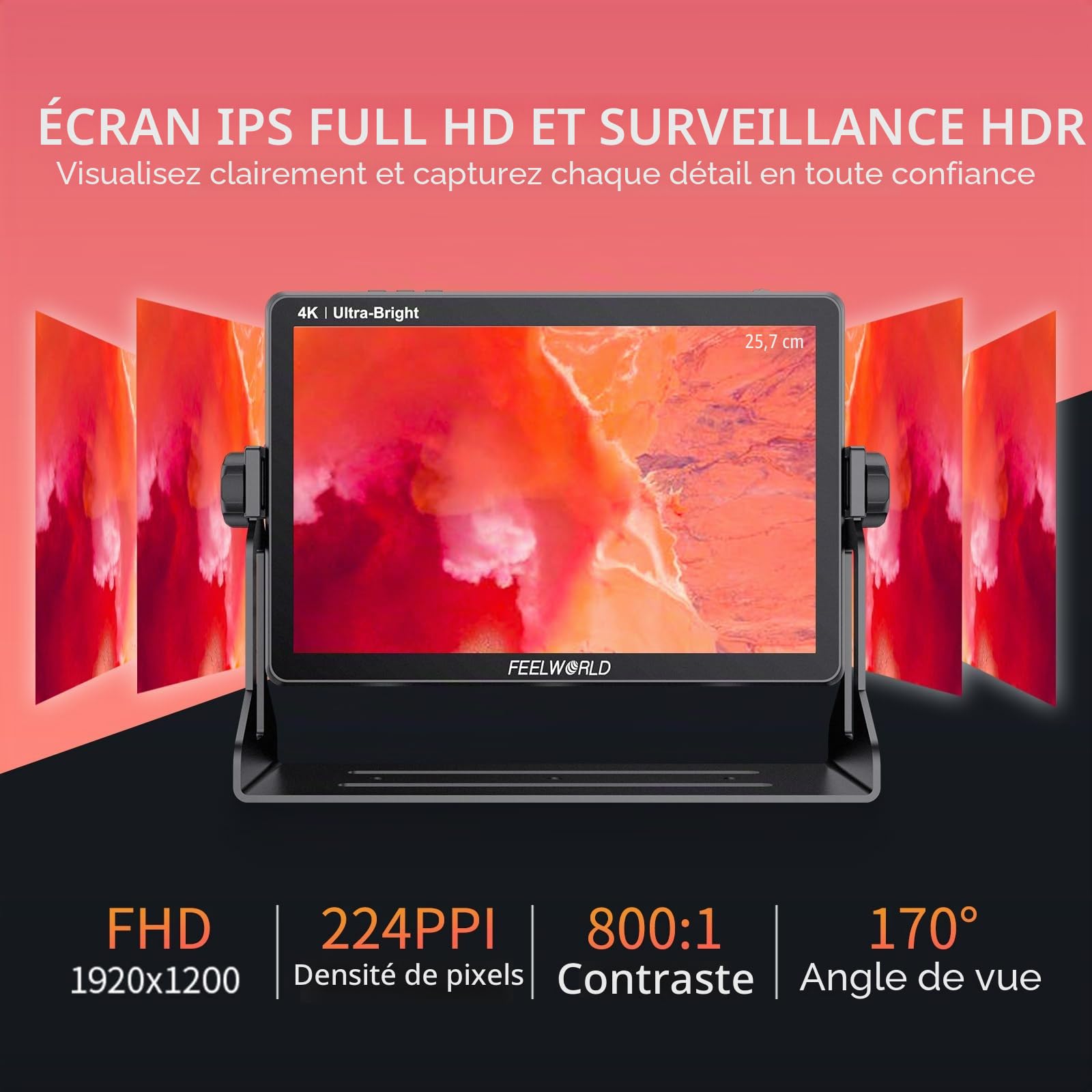 FEELWORLD LUT11H Moniteur d'appareil photo reflex numérique ultra lumineux de 10,1 pouces 2000 nit avec écran tactile forme d'onde LUT F970 Kit d'installation et d'alimentation HDMI entrée sortie