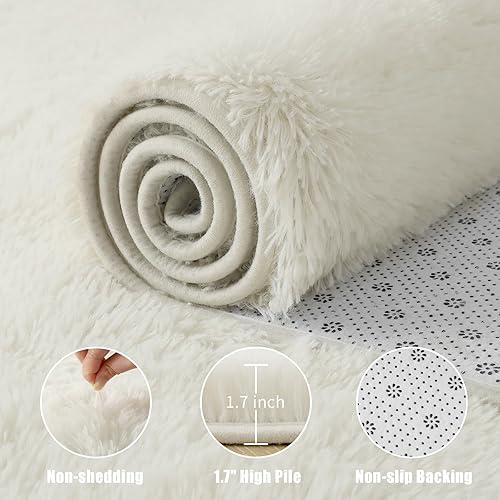 Miniatura 6 de Macgace Alfombras de área esponjosas para decoración de dormitorio, alfombra de pelo blanco crema de 3 x 5 con respaldo antideslizante para sala de