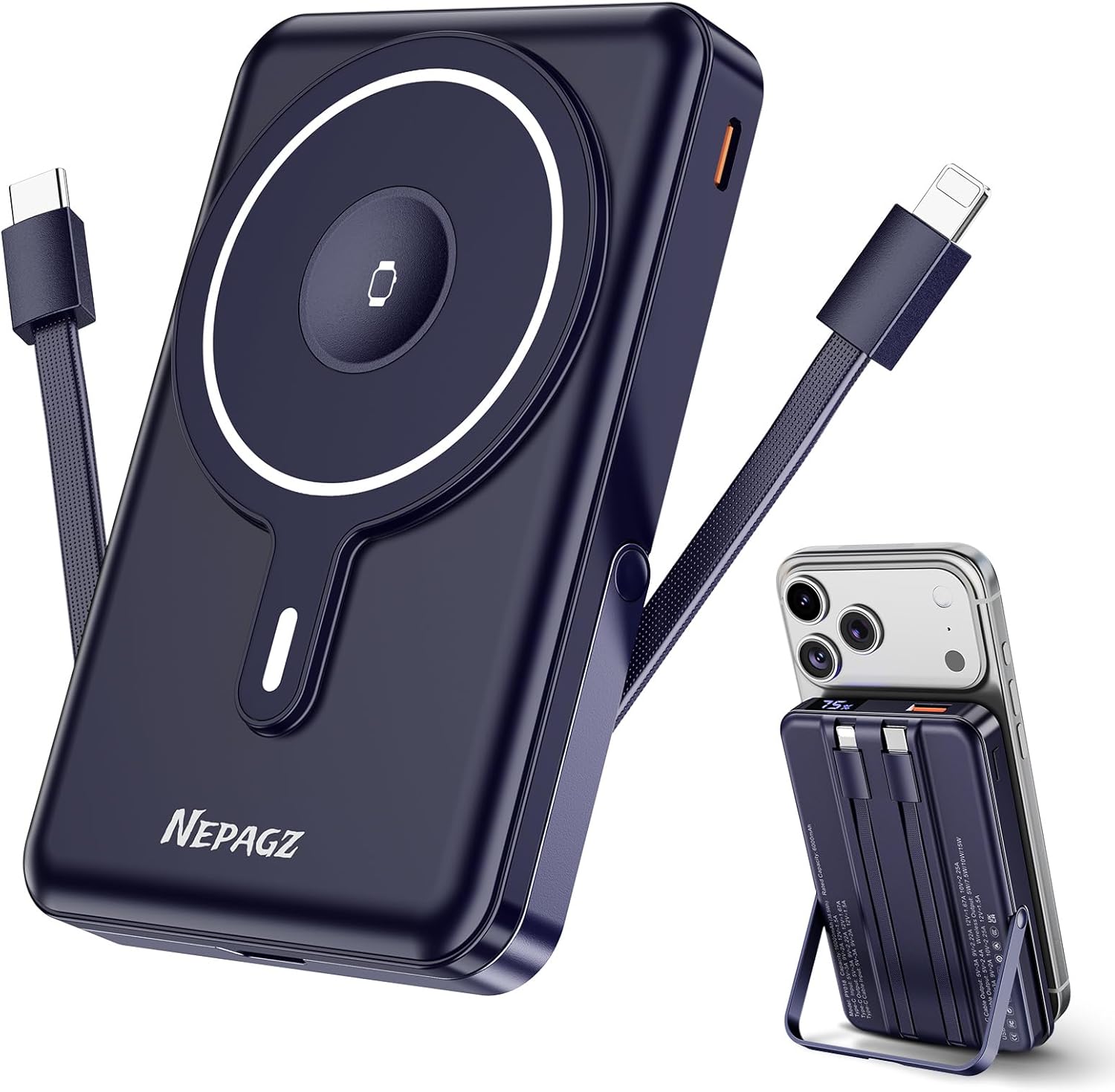 for Magsafe Portable Charger, 10000mAh Magnetic Power Bank with Foldable Stand, PD 22.5W Fast Charging with USB-C Cable, Wireless Portable Charger for iPhone 17/16/15/14/13/12 Series, Blue