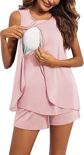 Miniatura 2 de Ekouaer Conjunto de pijama de lactancia para mujer, ropa de dormir de doble capa, sin mangas, top y pantalones cortos, pijamas de embarazo