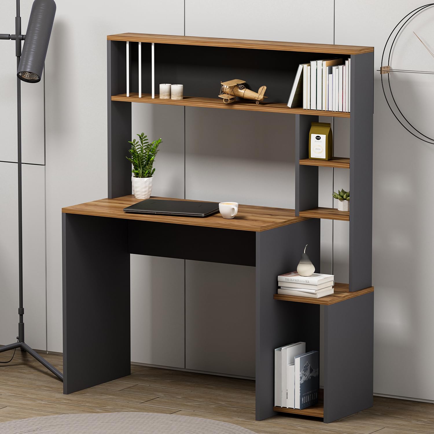 HOMIDEA OLIVIA Writing & Computer Desk - Workstation & Table with Shelves with Modern Design for Home Office, Living Room or Children's Room (Olivia - Anthracite)