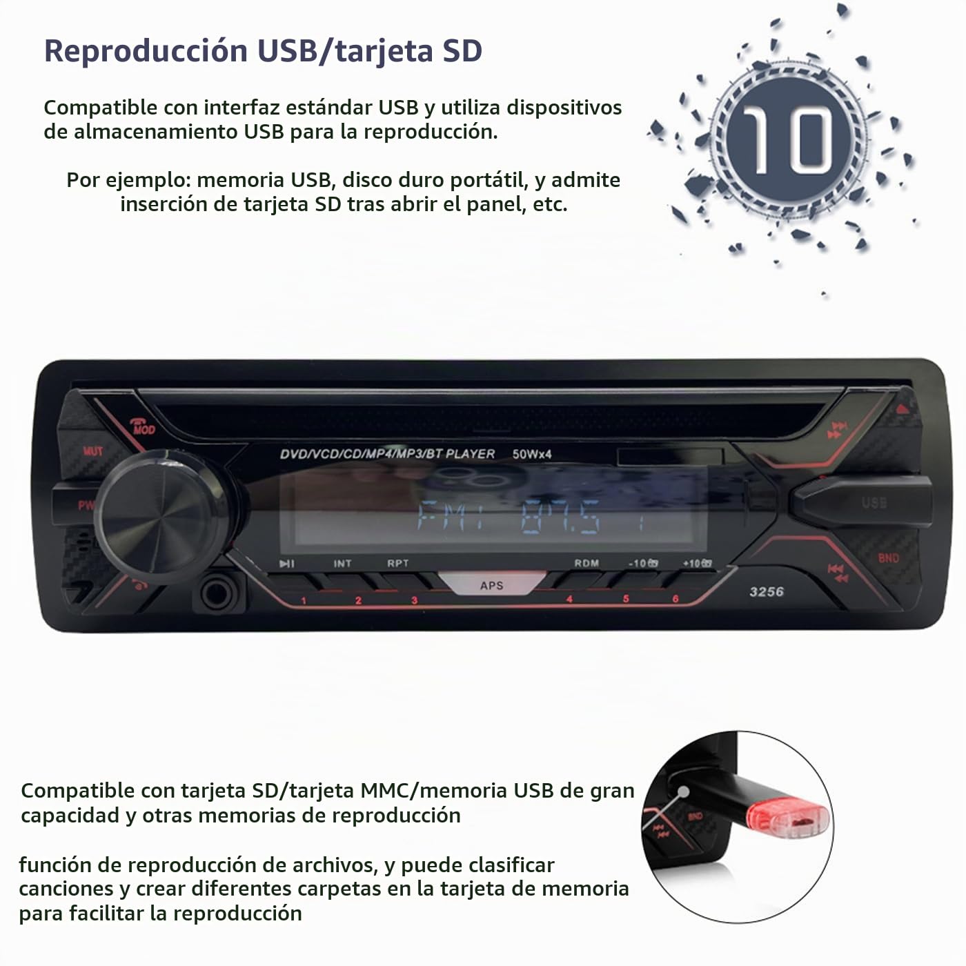 Radio de Coche 1 DIN Bluetooth MP3 estéreo Panel Desmontable Autoradio FM AUX IN USB Tarjeta SD DVD CD Reproductor de música