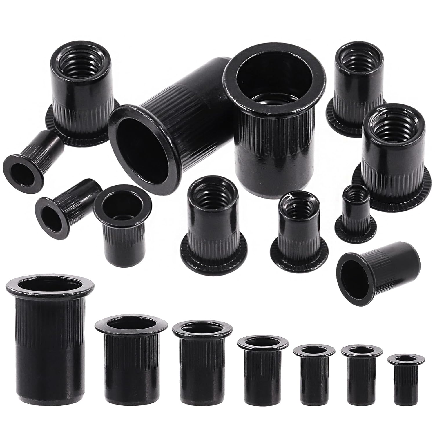 100Pcs 5/32”-32 Rivet Nuts SAE Carbon Steel Black Zinc Plated Rivet Nuts Knurled Flat Head Rivnuts Threaded Insert Nuts
