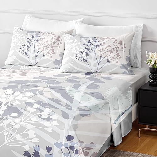 Miniatura 7 de Juego de sábanas Queen Estampado floral Sábanas de lujo de microfibra cepillada 1800 Sábanas refrescantes transpirables para cama tamaño Queen