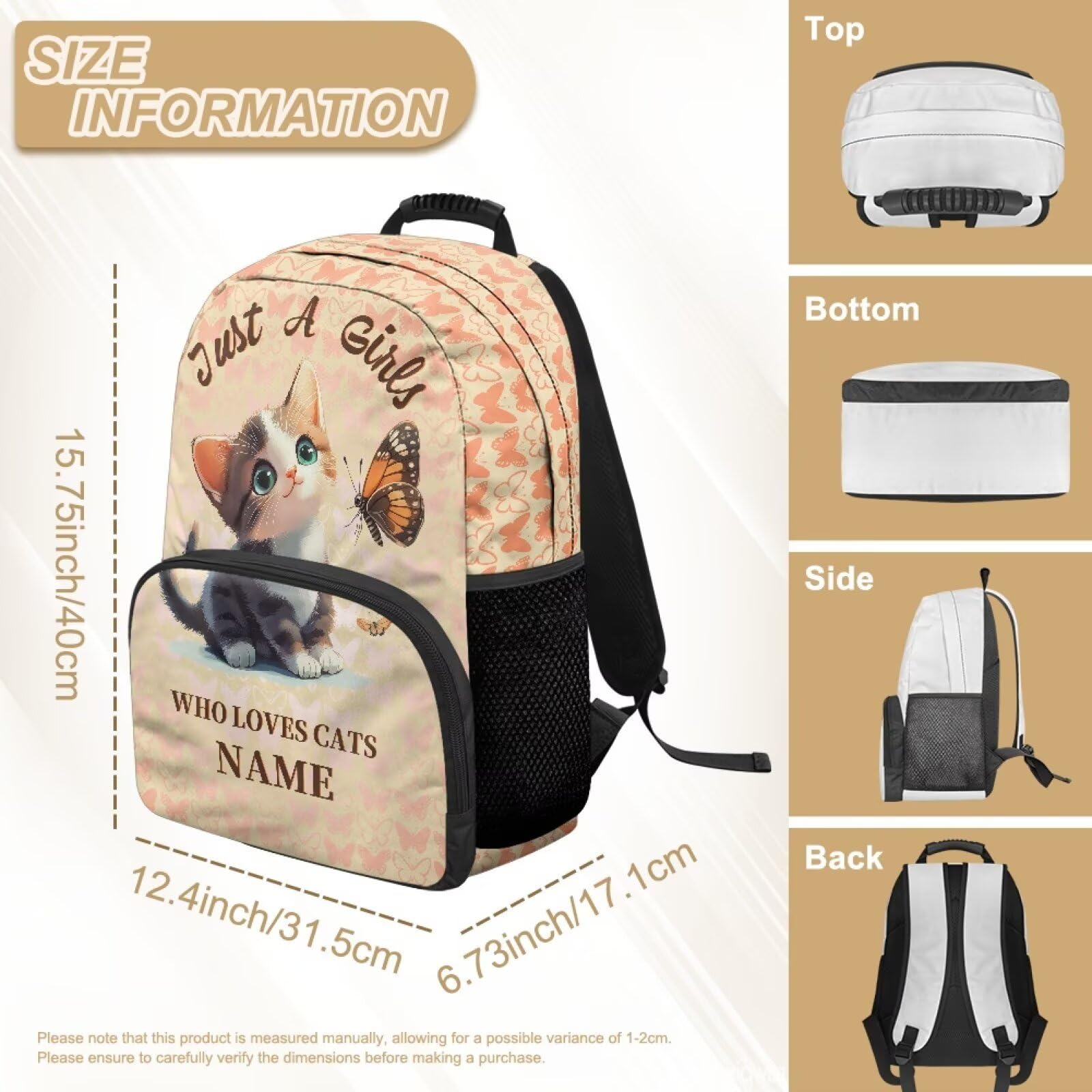 COEQINE Mochila personalizada para niñas para la escuela, mochila de 15 pulgadas para niños, mochila escolar preescolar para niñas pequeñas a las que les gusta el gato con nombre, mochila de viaje