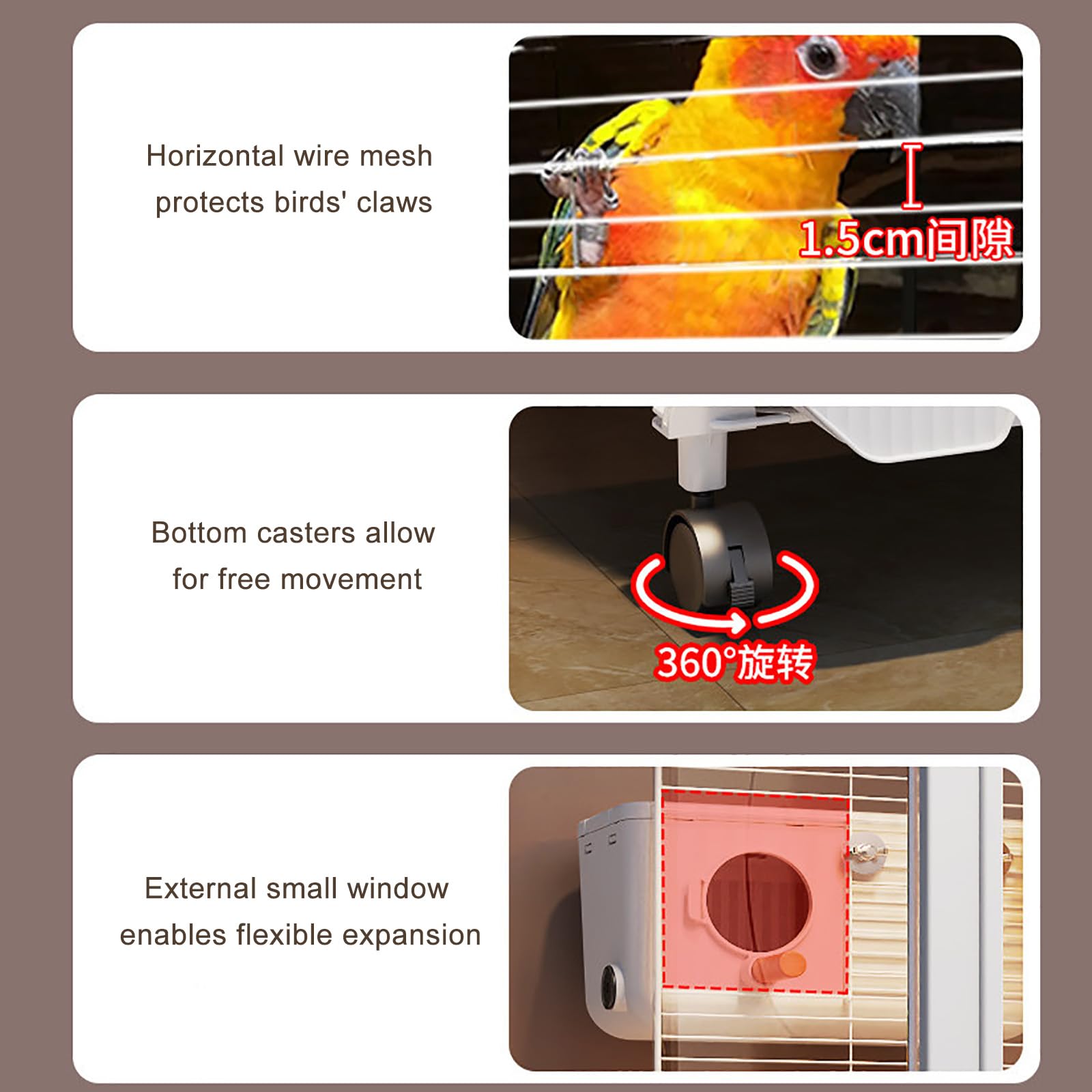Jaula Grande para Pájaros con Ruedas y Bandeja Extraíble, Pajarera Interior para Periquitos Ninfas Agapornis Canarios y Pájaros Pequeños con Ventanas Transparentes S