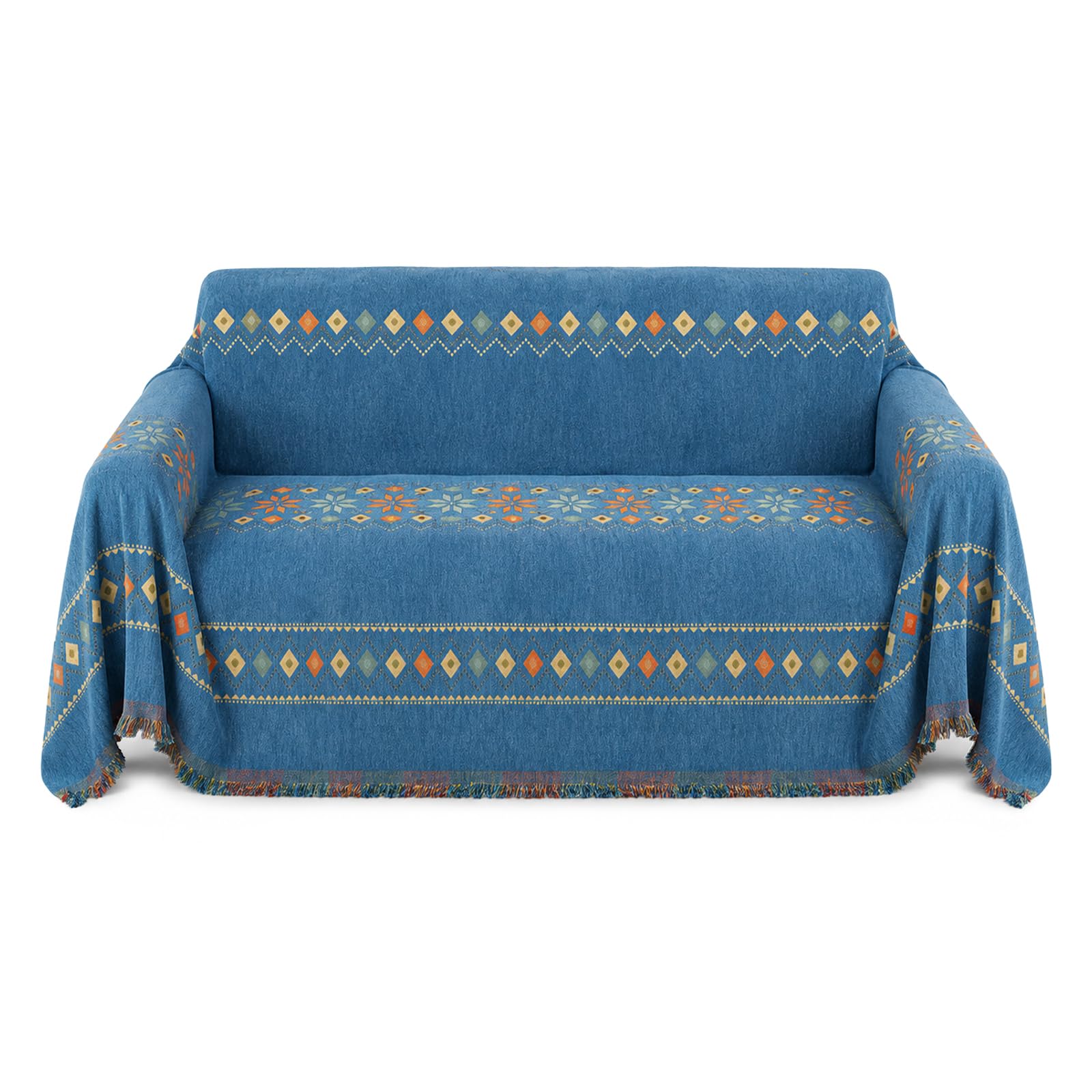M.J COMFY-LIFE Bohemian Chenille Sofa Throw Large Throw Blanket with Tassels, Soft Reversible Couch Cover & Sofa Protector, Extra Large Decorative Throw (Blue)