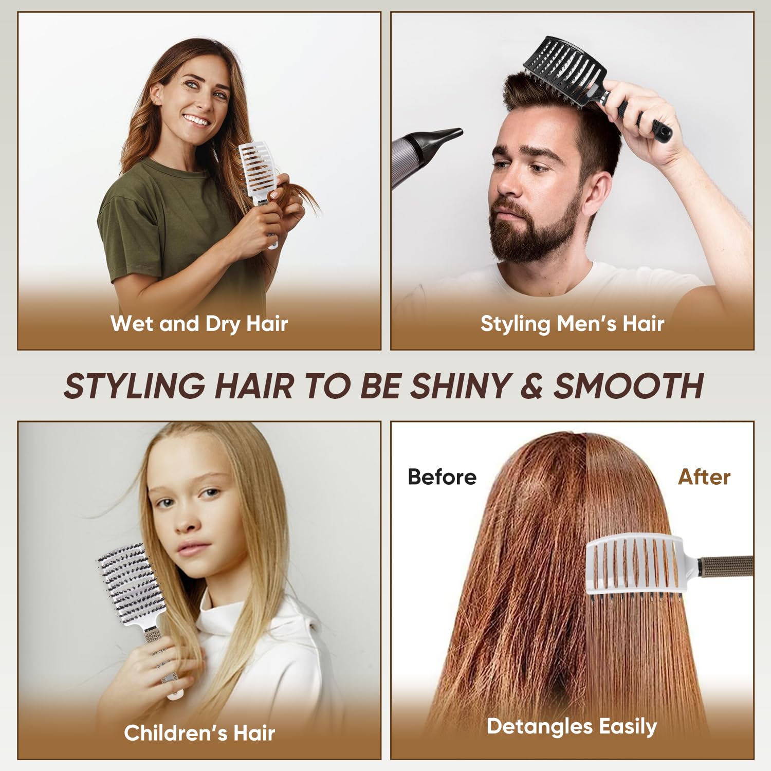 Cepillo de cerdas de jabalí curvado ventilado para desenredar, apto para todos los peinados, cabello húmedo y seco (paquete de 2, negro y blanco)
