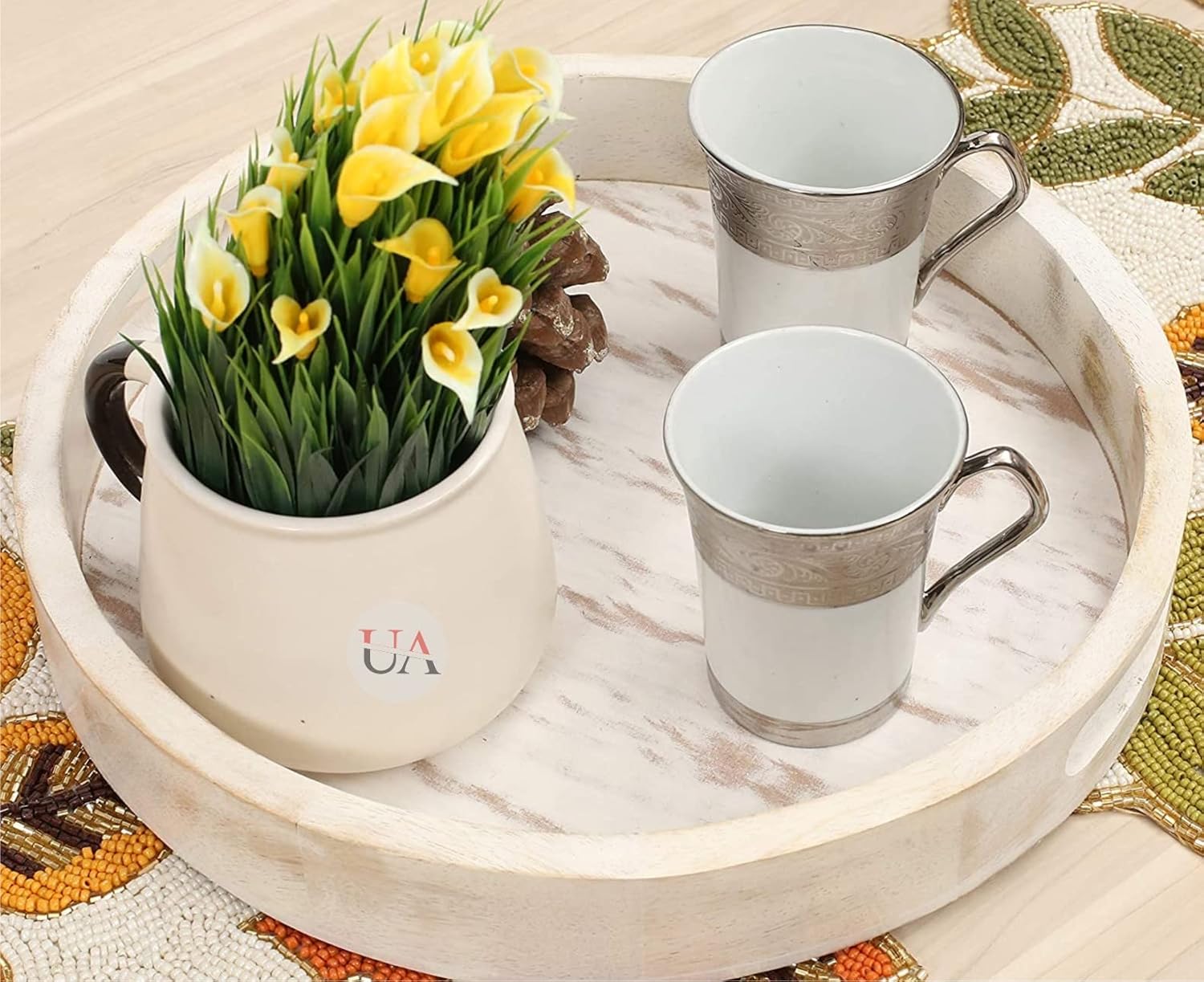 Hamdan Collection Solid Wood Round Tray w/Handles, Tea & Coffee Table