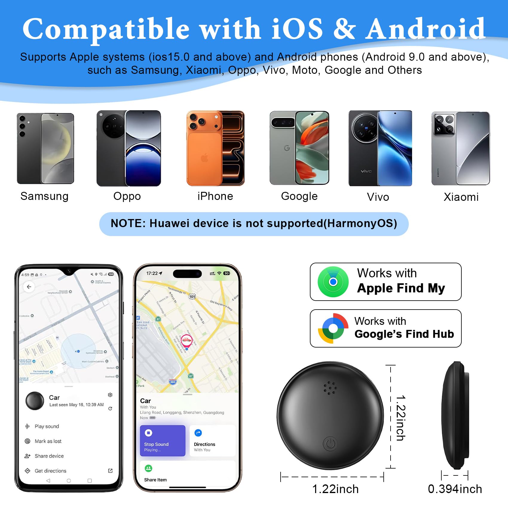 Traceur GPS Voiture, Smart Traceur Tag Magnétique Compatible avec Android et iOS, Tracker GPS Voiture sans Abonnement sans SIM, Positionnement Global en Temps Réel Traceur Tag GPS pour Auto (Noir)