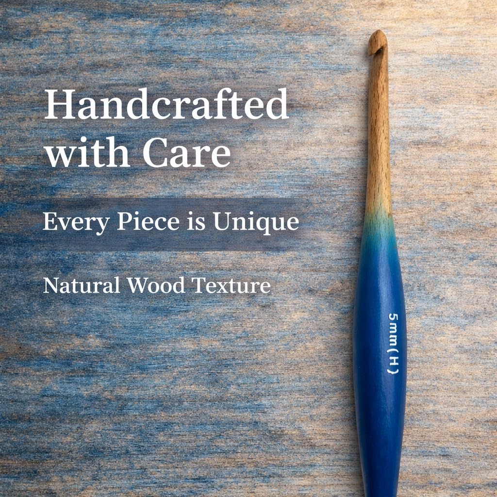 Ommi Ergonomic Handle Crochet Hooks | Handcrafted 7’’ Steambeech Wood Crochet Hook | Knitting Needle, Craft Yarn Weave | Best Gift! (Azure Steambeech) (5.5 mm)