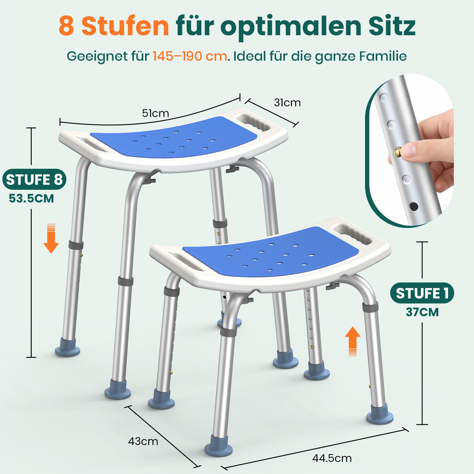 Duschhocker mit Höhenverstellung – Leichter Badehocker mit gebogenem Sitz, Rutschfester Duschsitz für Senioren, Behinderte & Schwangere, Blau