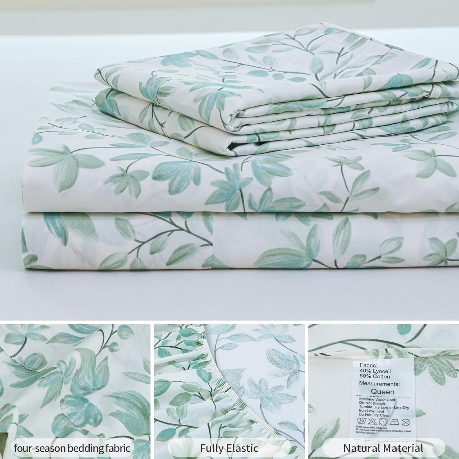Green Vine Floral Cotton Bedding Set - King Size- Lyocell Cooling Breathable Bed Sheet for Hot Sleepers,Hypoallergenic, 16-inch deep Pocket,All-Season,4 Pieces