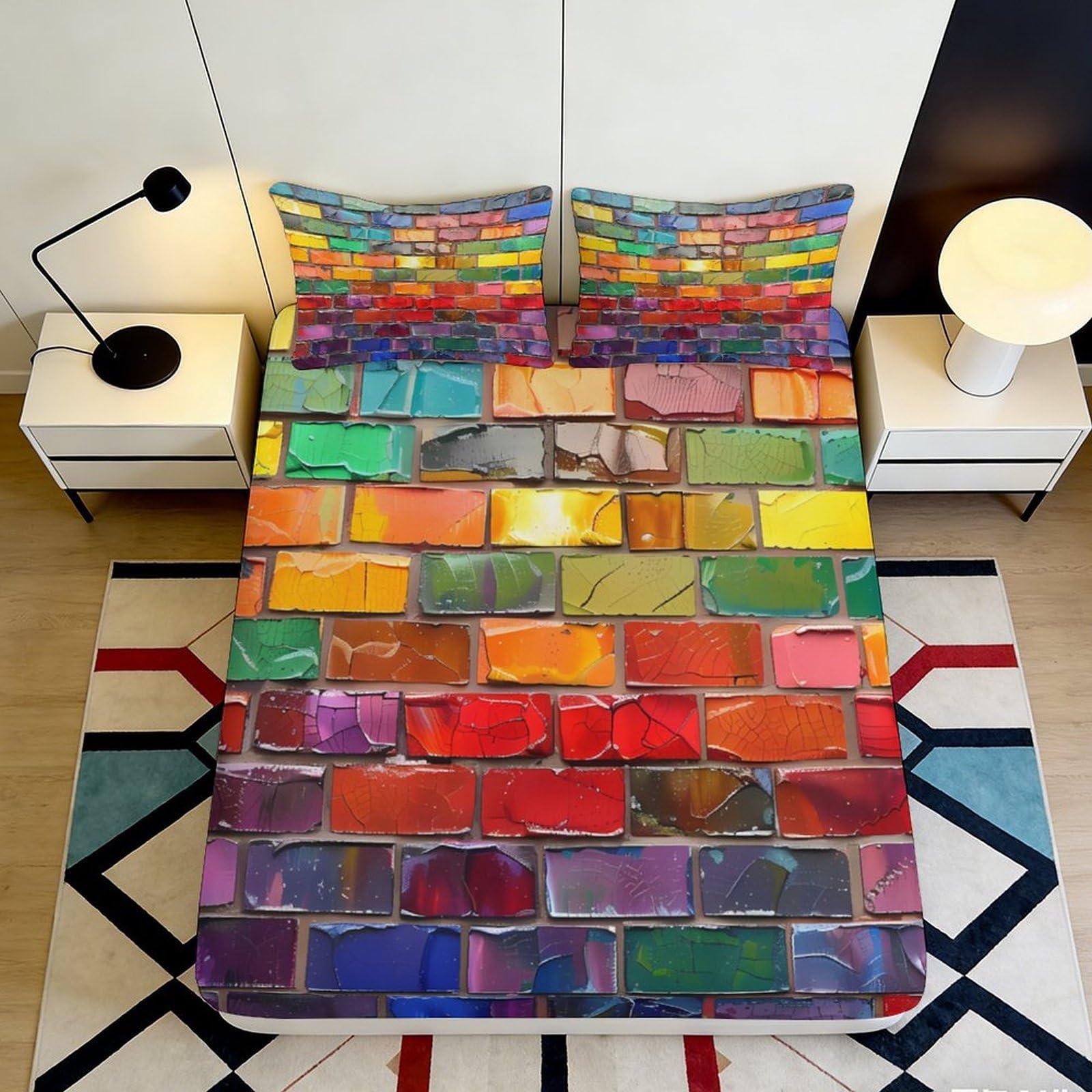 Vibrant home decor 3D Printed Fitted Sheet rainbow brick pattern Microfiber soft touch, guest room bedding, wrinkle resistant, easy to remove 90x200x25cm