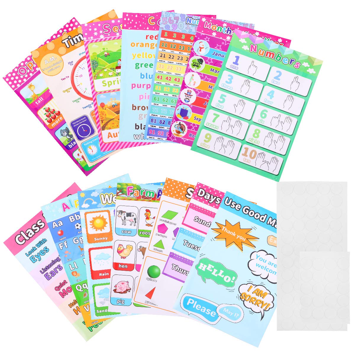 COHEALI Lot de 14 Cartes Murales Éducatives pour Garçon et Filles en Papier Synthétique Affiches Préscolaires Colorées 80 Points Adhésifs Posters D’Apprentissage Anglais pour Chambre et