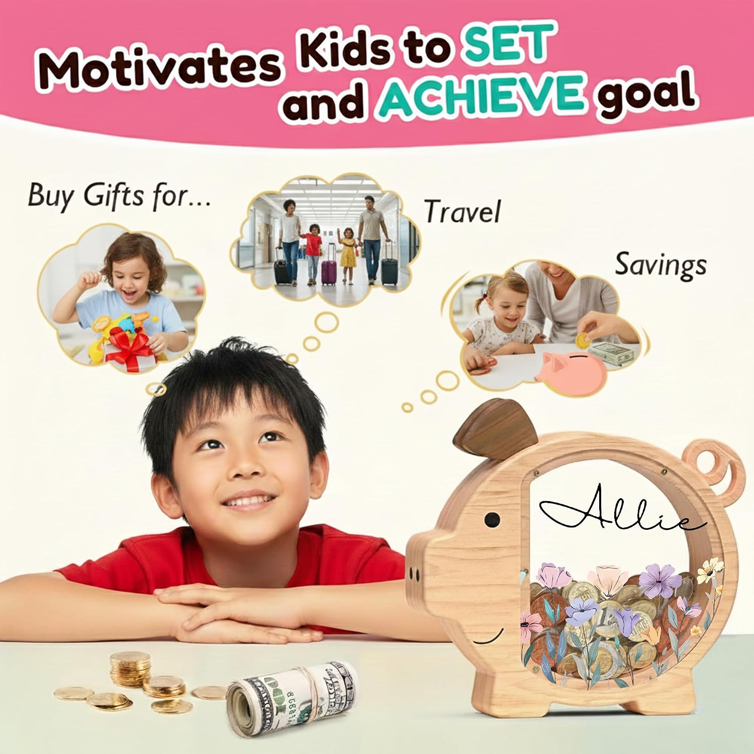 Personalized Piggy Bank, Wooden Money Banks for Kids, Custom Gifts for Boys and Girls, Personalized Piggy Bank for Girls