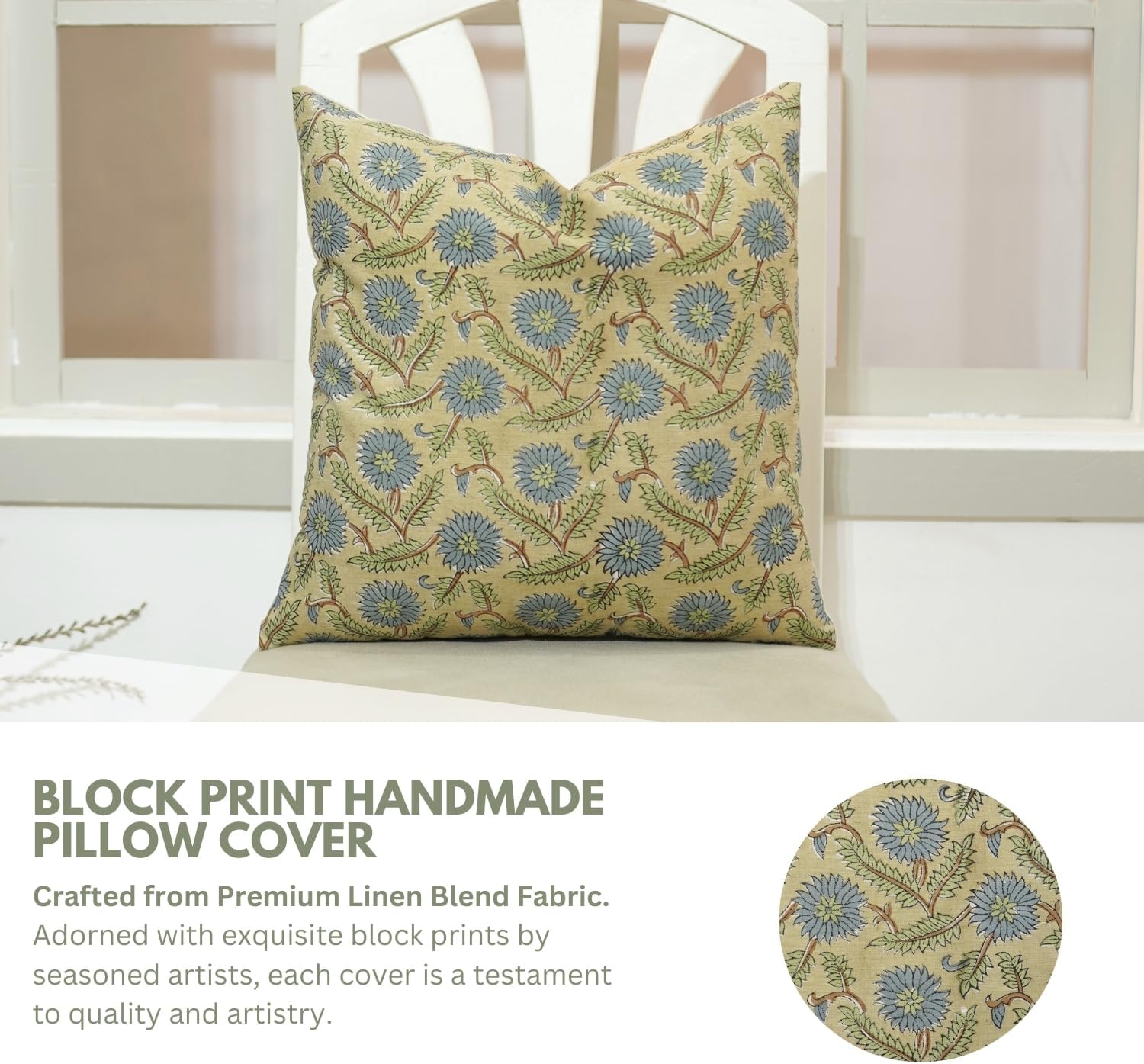 Pillow Covers Floral Hand Block Print Linen Blend 22X22 Throw Cushion Cover, Indoor Farmhouse Pillowcase, Decorative for Sofa, Couch, Bed, Boho Home Decor, Swarna, Black