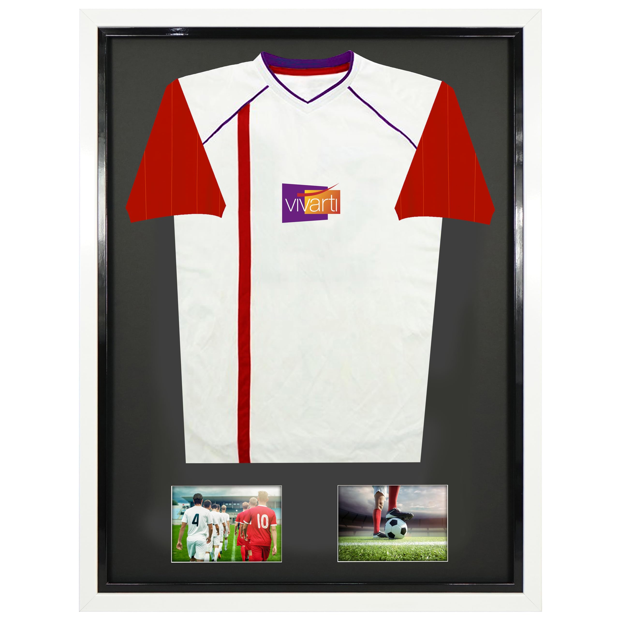Vivarti DIY Tapered Sleeve Junior Double Aperture Sports Shirt Display Frame for Sports Shirt- 59.4 x 84cm - Gloss White Frame, Black Inner Frame, Black Backing Card