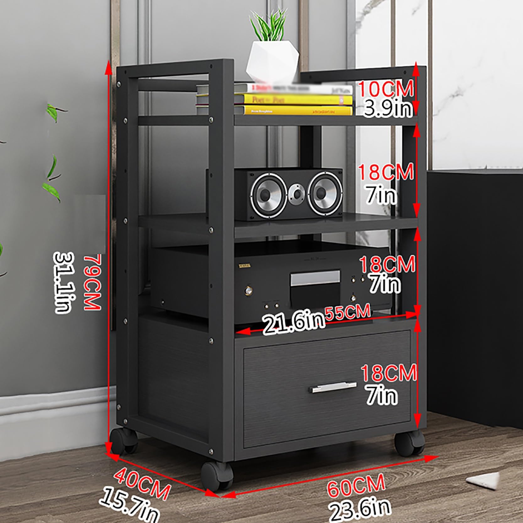 Stojak na płyty winylowe z półką gamingową Der AV Ma Tower o Sto do sypialni i salonu, małego centrum rozrywki (czarny, 6 półek)