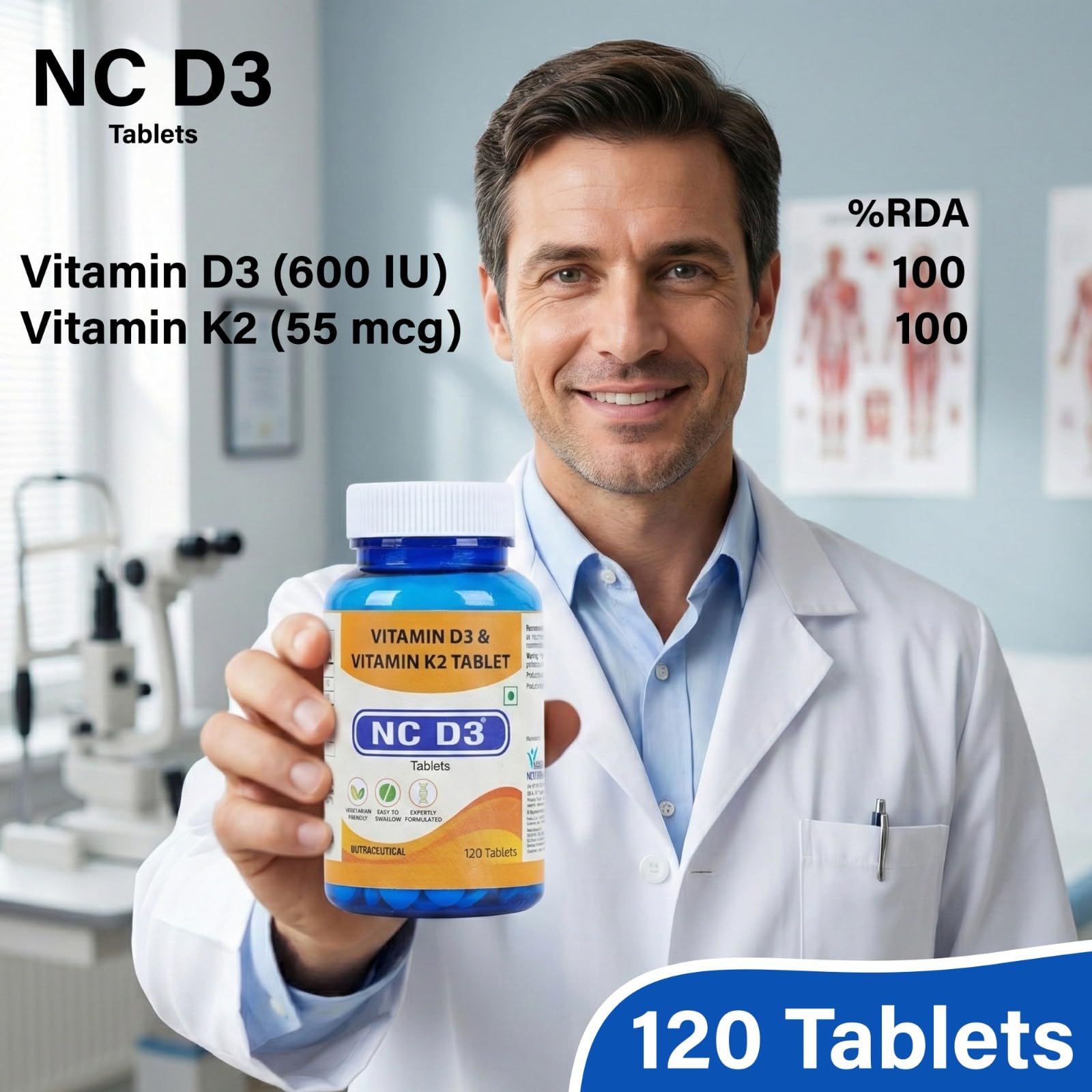 Nexchem NC D3 Vitamin D3 + K2 (MK-7) Tablets | 600 IU Vitamin D3 + 55 mcg K2 | Supports Bone, Heart Health & Immunity | 100% Vegetarian | 120 Tablets — Amazon image 2