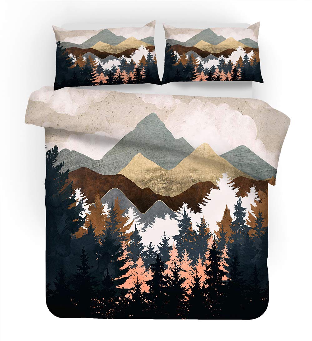 REALIN Hawthorn Bedding 3D Duvet Cover Set Japan Forest Mountain River Bed Sets 2/3/4PCS Quilt Covers/Sheets/Pillow Shams,Twin/Full/Queen/King (King-229x259cm-4PCS,E)