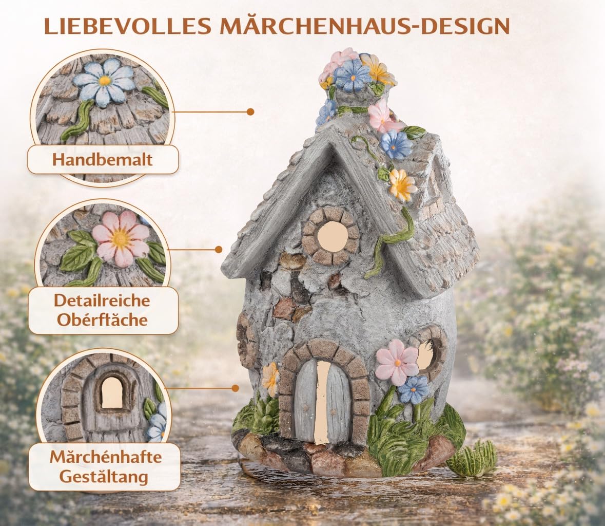 formano Farol solar para casa con luz solar y sensor crepuscular, 40 cm, pintado a mano, decoración de jardín de magnesia con relieve de flores, lámpara solar romántica para jardín, terraza y balcón