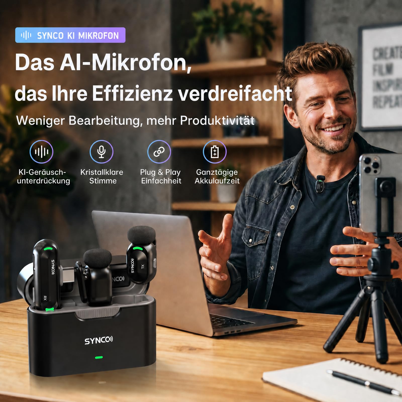 SYNCO SMICT KI Funkmikrofon für Android, Kabelloses Lavalier Mikrofon mit Echtzeit Übersetzung, AI App, Geräuschunterdrückung, USB-C, 2 Sender für Vlog, Streaming, Interview