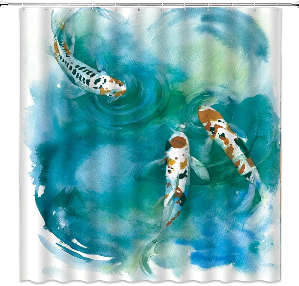 Koi Fish Shower Curtain Japanese Watercolor Ink Painting Art Medium Dark Cyan Pond Colorful Carp Asia Fabric Bathroom Decor Set with Hooks(78" Wx70 H)