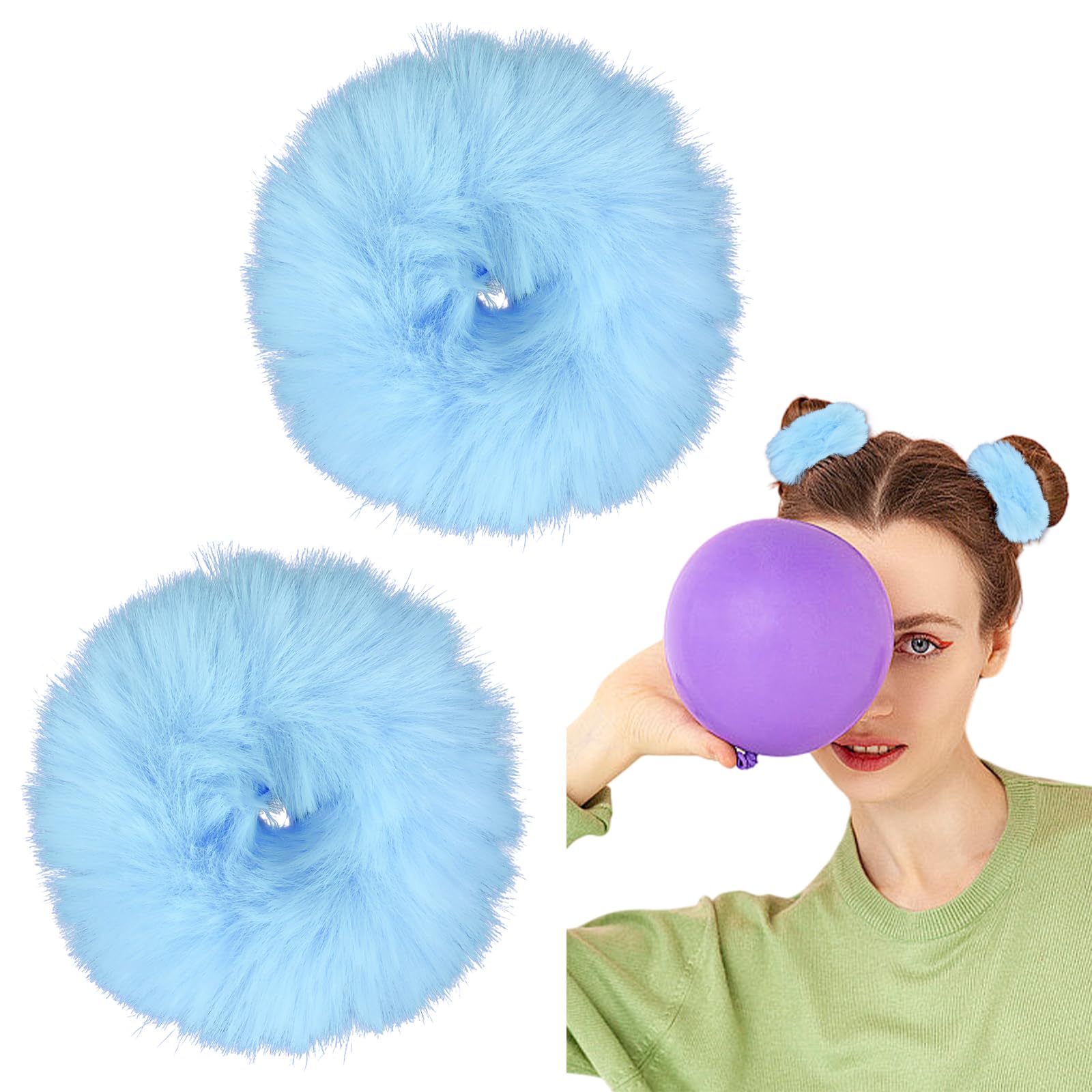 Semato 2Pcs Light Blue Fuzzy Hair Ties Fluffy Scrunchies Pink Pom Pom Hair Ties With Faux Rabbit Fur Fluffy Elastic Ponytail Holders Pink Party Favors