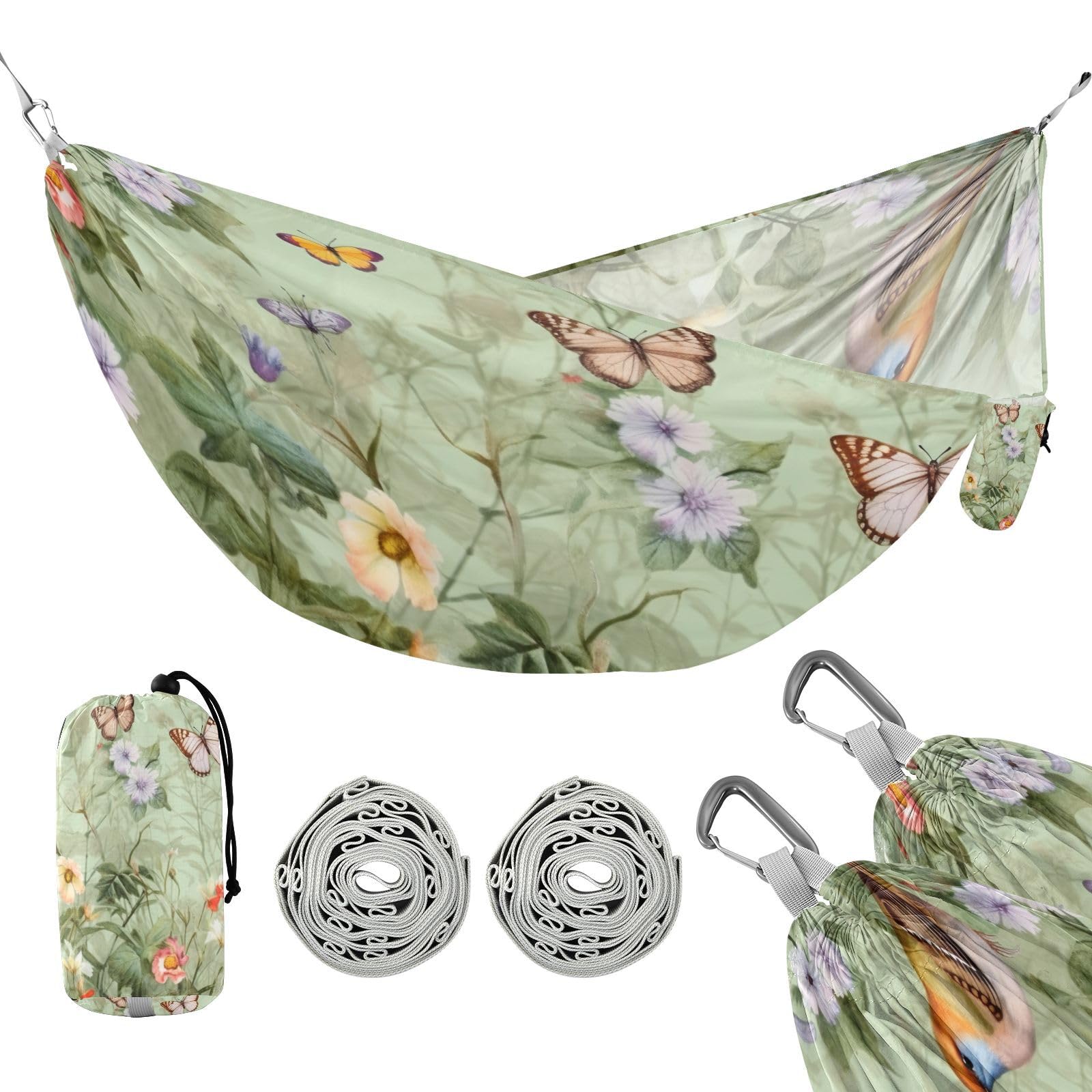 SDMKA Flower and Bird Green Camping Hammock, 330 lbs with 2 Tree Straps, Carry Bag, Single Portable Hammock for Outdoor/Indoor, Hiking, Beach, Backpacking, Travel