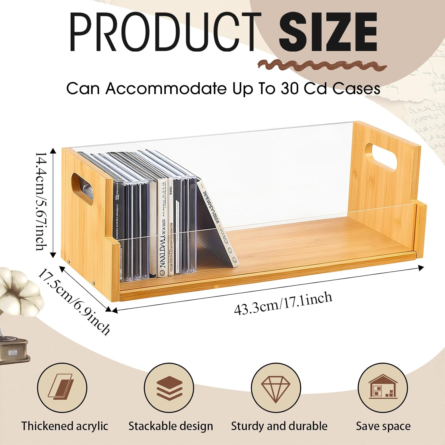 2 Set Wooden Cd Storage Box Display Holder Shelf Bamboo&acrylic Visible Racks with Carrying Handles, Cassette Tape Organizer Shelf for Movie Case, Store up to 60 Pcs Cds