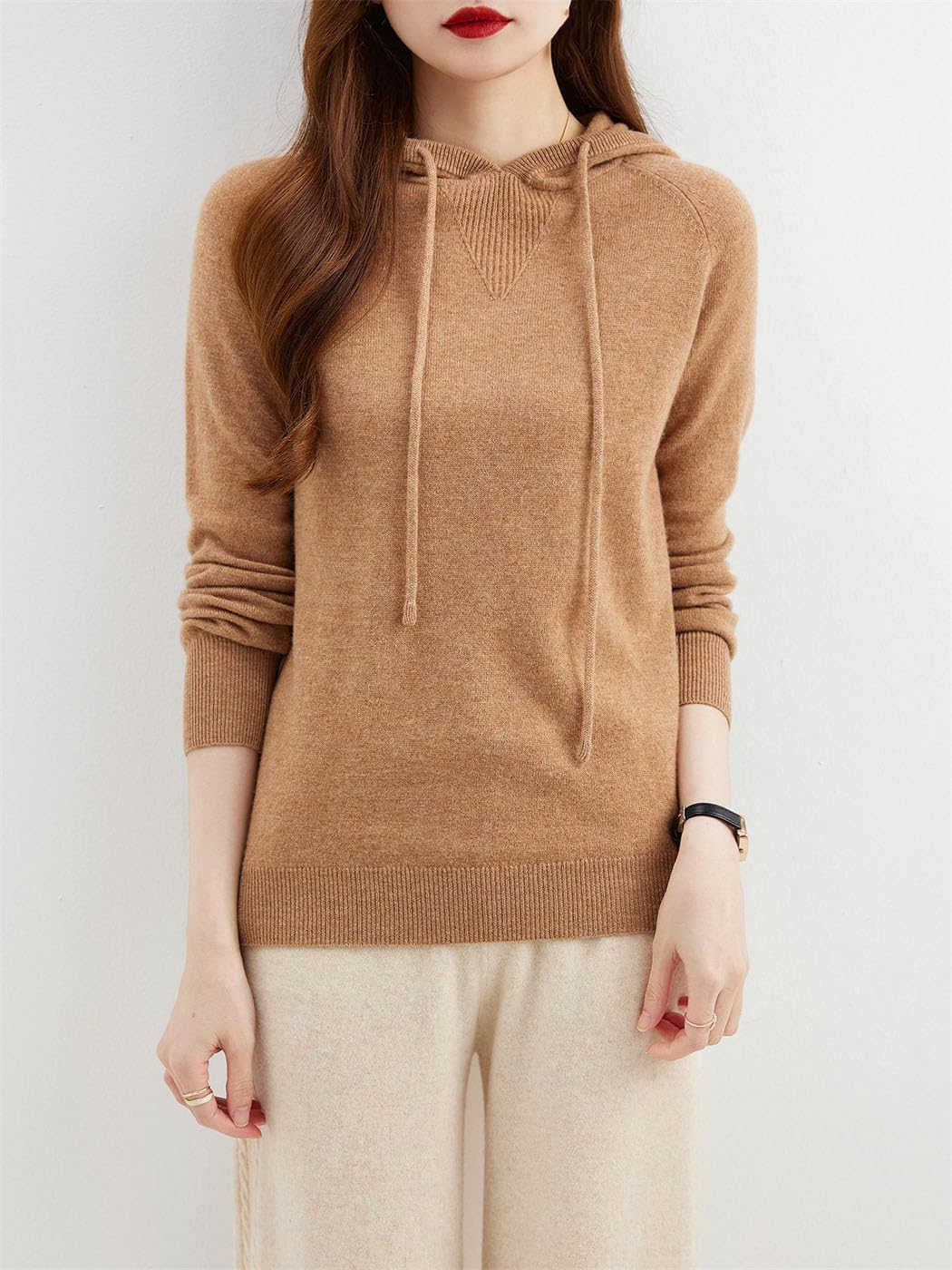 Women's Long Sleeve Knit Pullover Sweater 100% Merino Wool Drawstring Hoodies Fall Winter Warm Sweatshirt