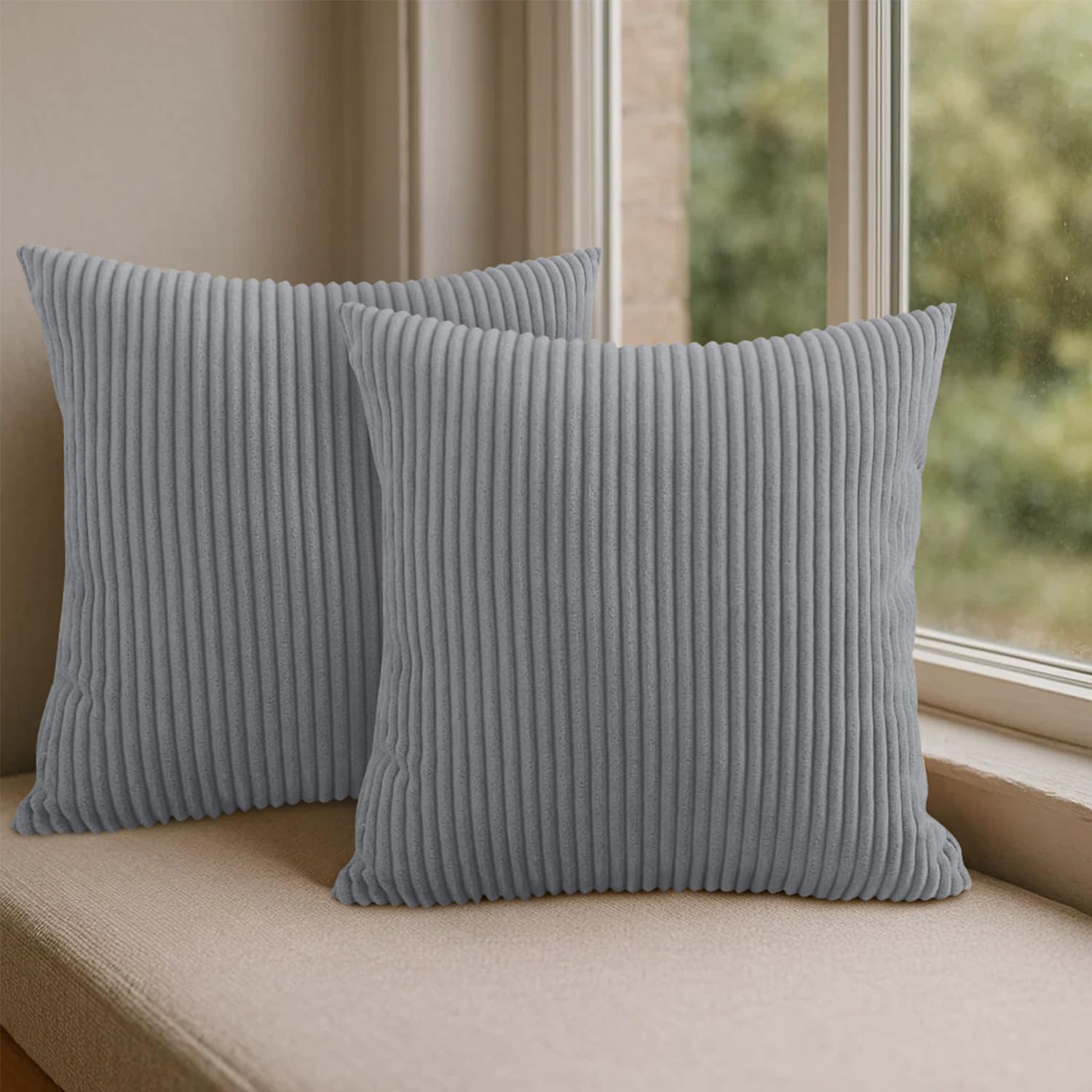 Hafaa Cushion Covers 45 x 45 cm Pack of 2 Silver Cushions Decorative Stripe Throw Pillow Cases Soft & Fluffy with Invisible Zipper for Living Room Bed and Couch (18x18 Inch)