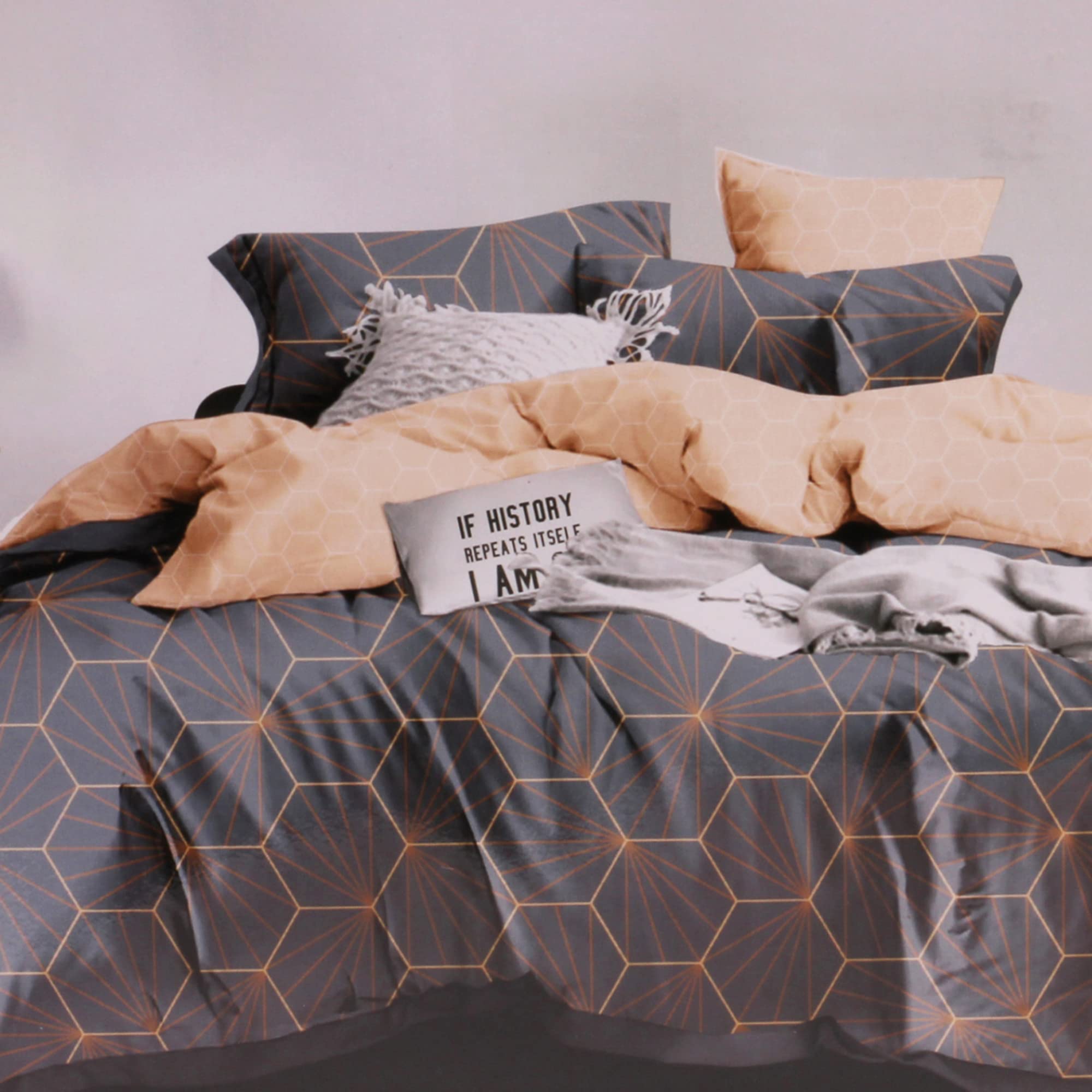 Rezlan UAE - Designed Duvet cover sets - Queen and King Bedsheet Set, Full bedding (Duvet Cover - Fitted Sheet - 2xPillowcases) (Grey and Orange, Queen (U.K. Standard))