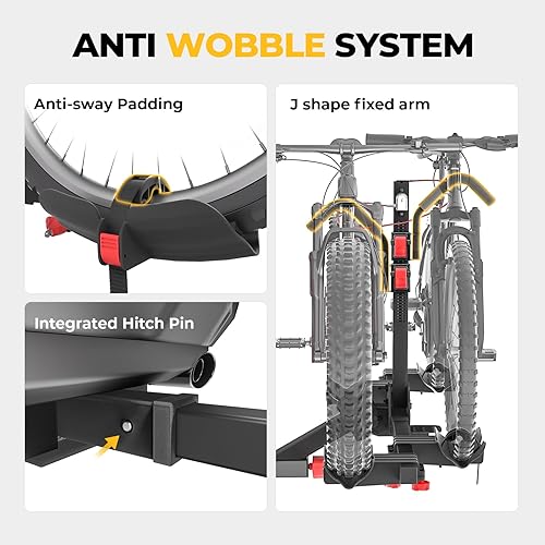 Miniatura 3 de BougeRV Soporte de plataforma para bicicleta de 2 pulgadas con doble bloqueo para SUV camión, apto para 2 bicicletas, soporte para bicicleta de