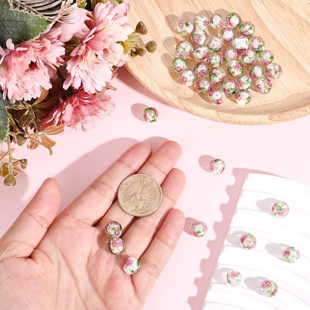 1 Box 60PCS 10MM Rose Lampwork Flower Glass Beads with Hole Round Gold Sand Floral Flowers Handmade Loose Spacer Bead Bulk for Jewelry Making Necklaces Bracelets Earrings DIY Crafts Supply - Image 3