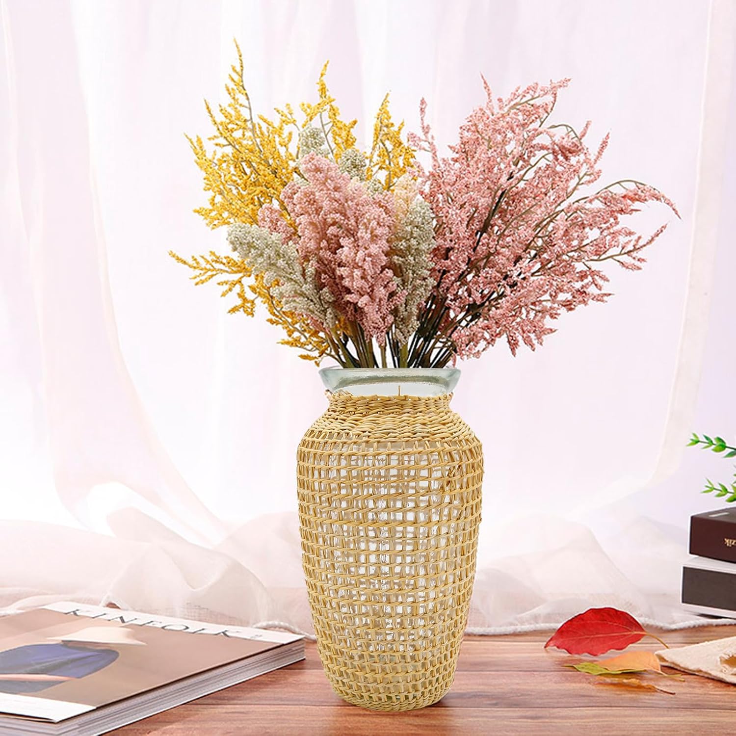 MDEOOSKY Straw Woven Glass Vase 7.9''x2.36''x3.5''Boho Glass Flower Vase Country Rustic Style Vase Glass Vase for Floral Arrangements Bottle Height (A Style 7.9IN) - Image 9