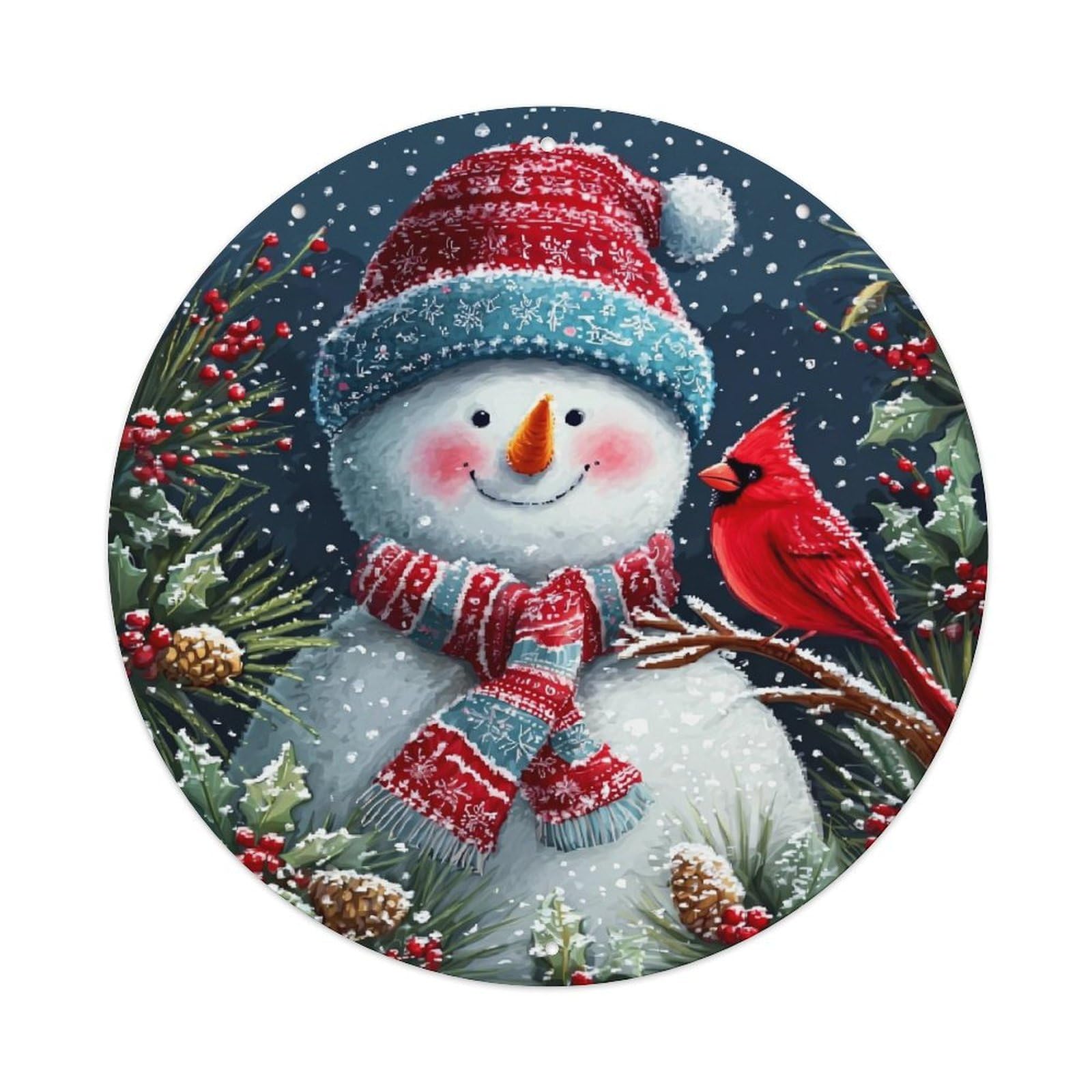 Snowman Cardinal Winter Holiday Scene Vintage Metal Tin Sign Retro Wall Decor for Home Bar Garage Cafe, Indoor & Outdoor Decorative，circle Metal Poster, 8x8 Inch