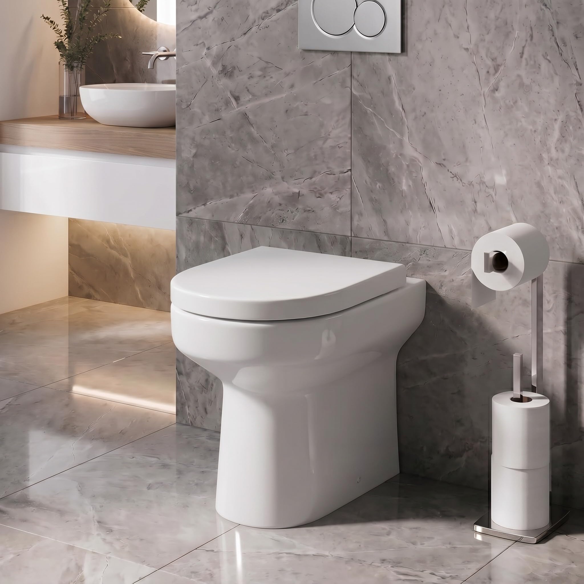 Affine® Tivoli Modern Bathroom Cloakroom Back to Wall BTW Rimless Toilet Space Saving WC Toilets, Soft Close Top Fix Seat, D Shape Pan, Ceramic, White Gloss — image 1