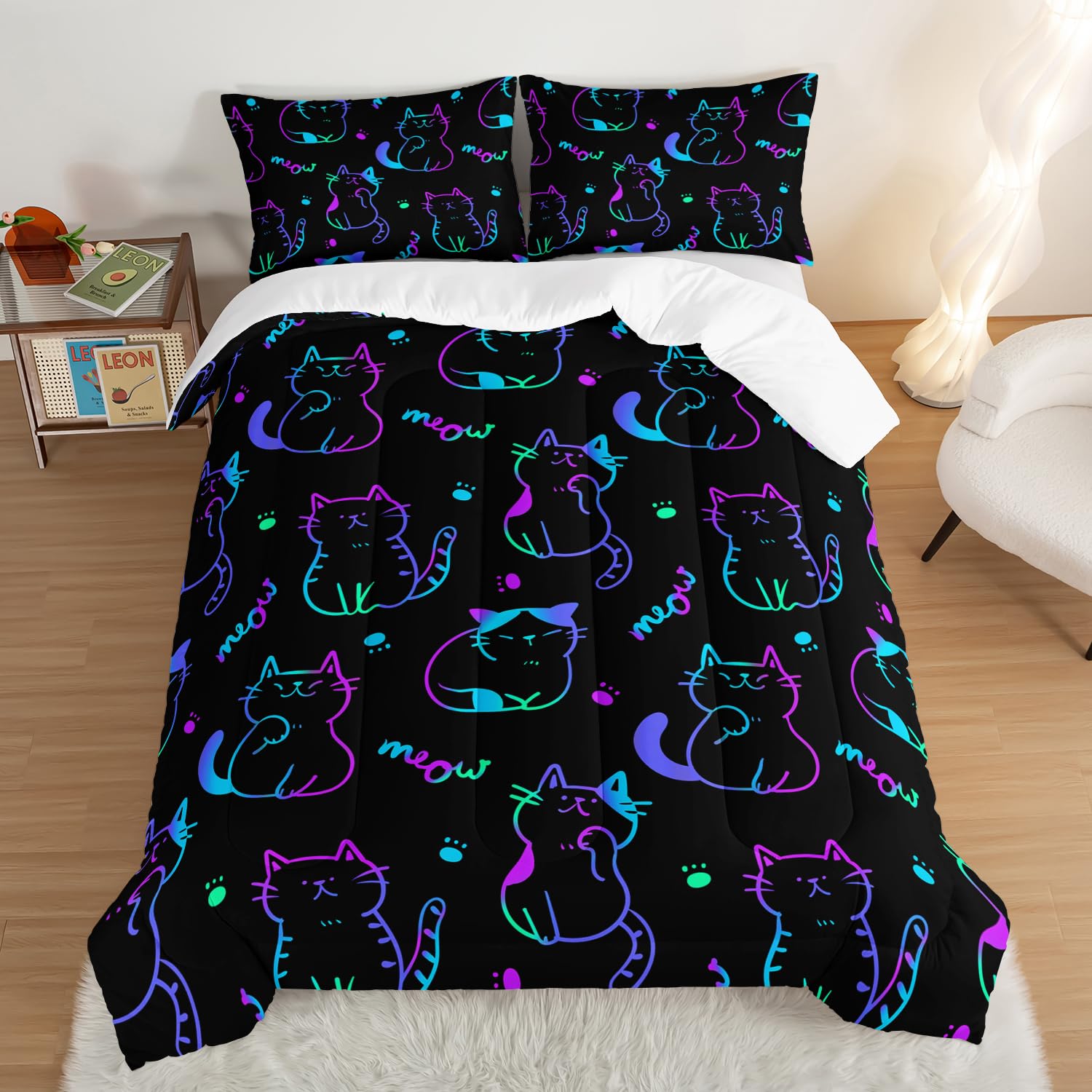 UEVBF 3D Neon Cat Kids Comforter Set,Gradient Line Cat Toddler Comforters Full Size for Teens Kids Boys Girls Room Decoration,Black Kawaii Bedding Sets with 2 Pillowcases.