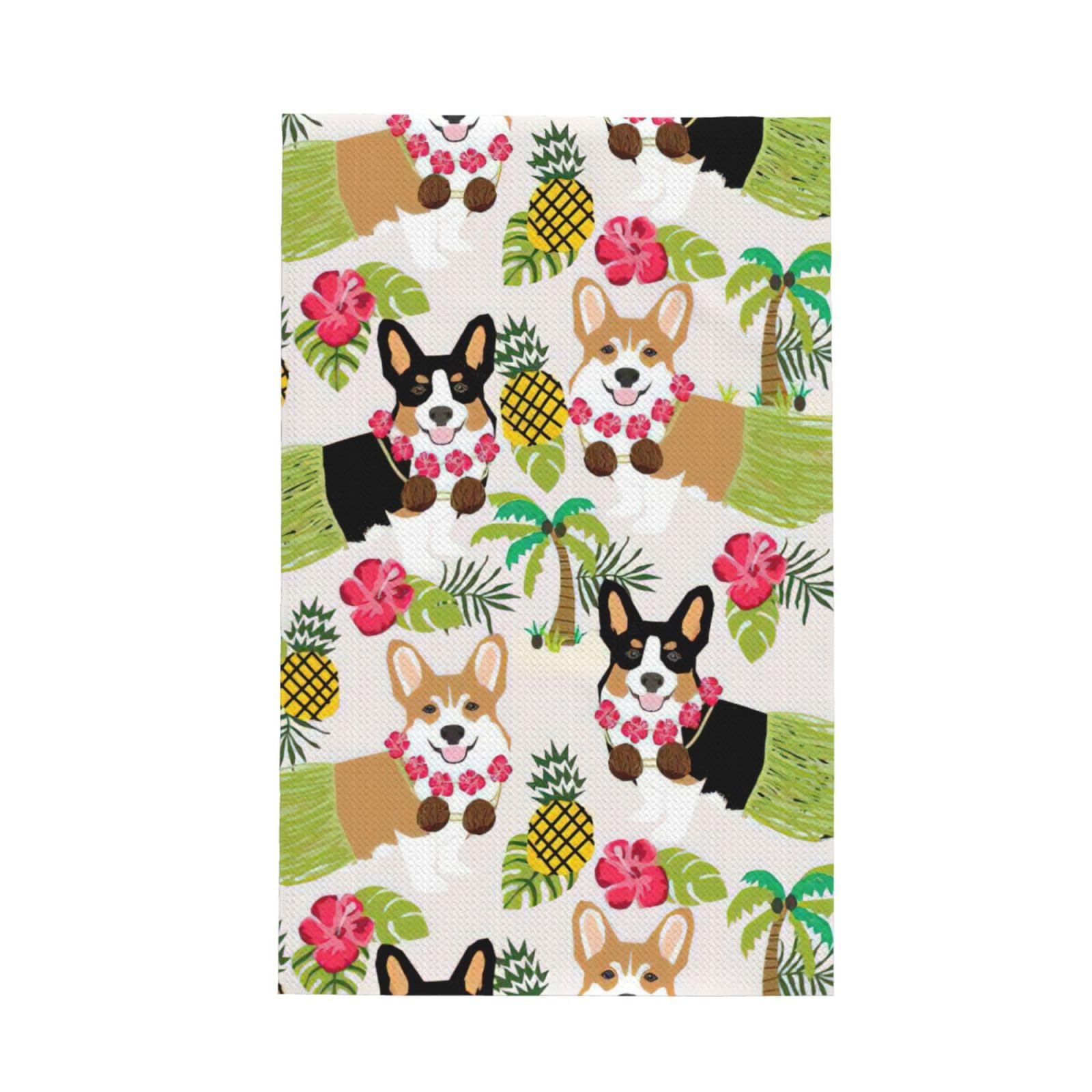 CKGODGF Corgi Hawaiian Tropical Summer Pineapple Print Absorbent Waffle Dishcloths,Kitchen Towels With Hanging Loops,Tea Towels.