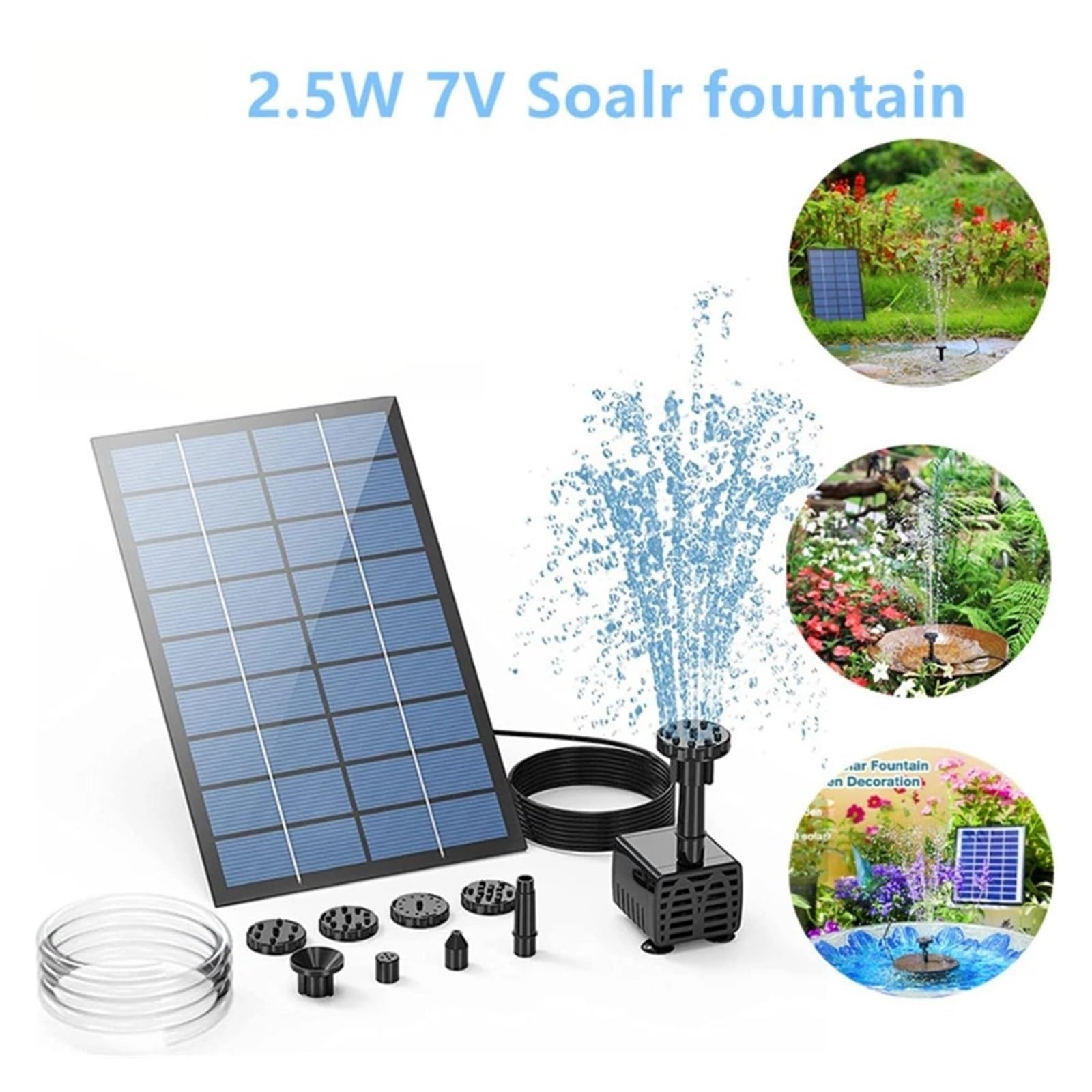 Pompka Słoneczna Pompa solarna do fontanny, z 6 dyszami i 4-stopową rurą wodną, ​​pompa zasilana energią słoneczną do kąpieli ptaków, stawu, ogrodu Solarna pompa fontannowa(2.5w)
