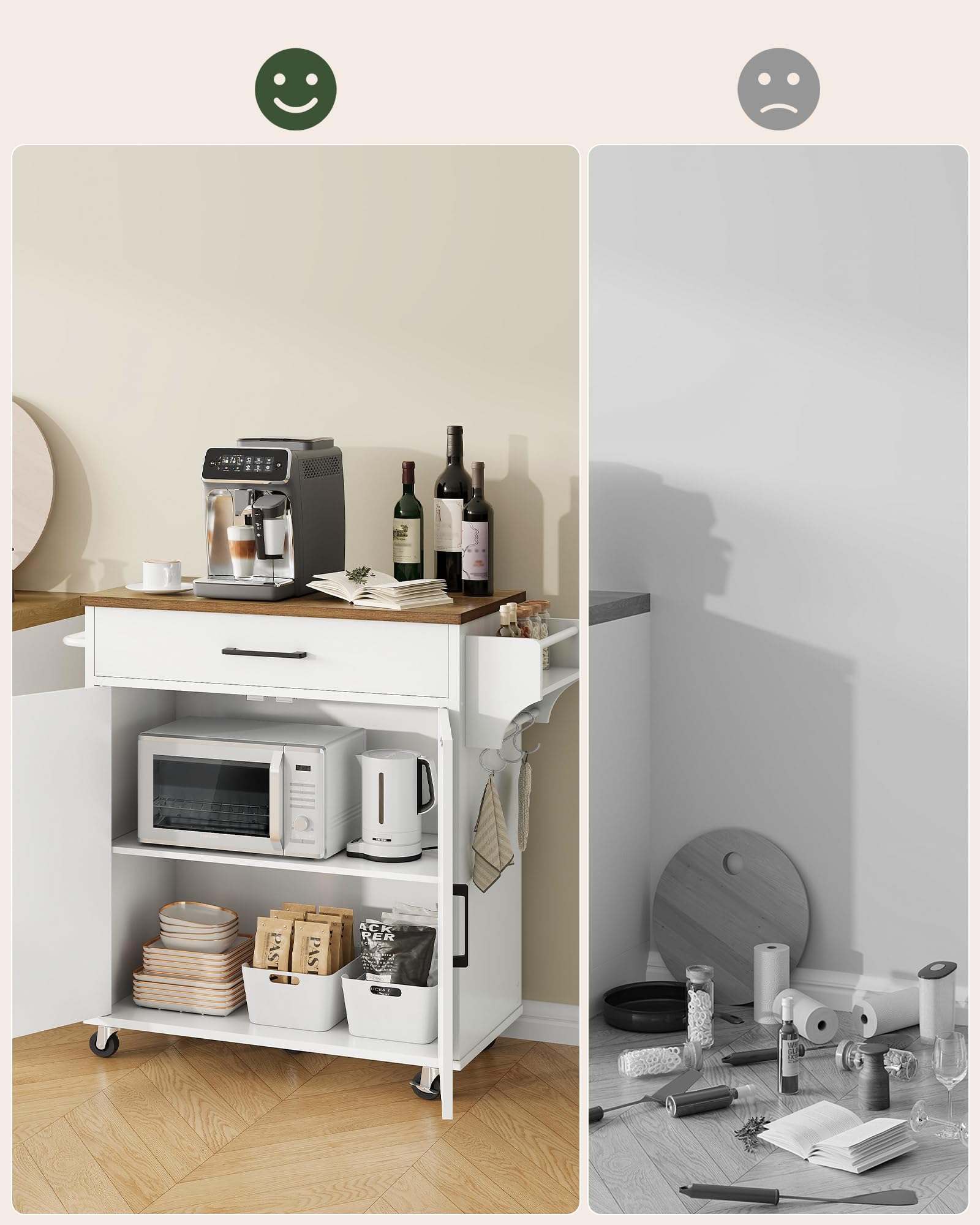 CHOEZON Isola da Cucina Mobile Stile Rustico, Mobile da Cucina con Rotelle con Contenitore, Carrello di Servizio con Cassetto e Ganci, Ripiano Porta Spezie, Bianco e Marrone Noce DMZD05WL