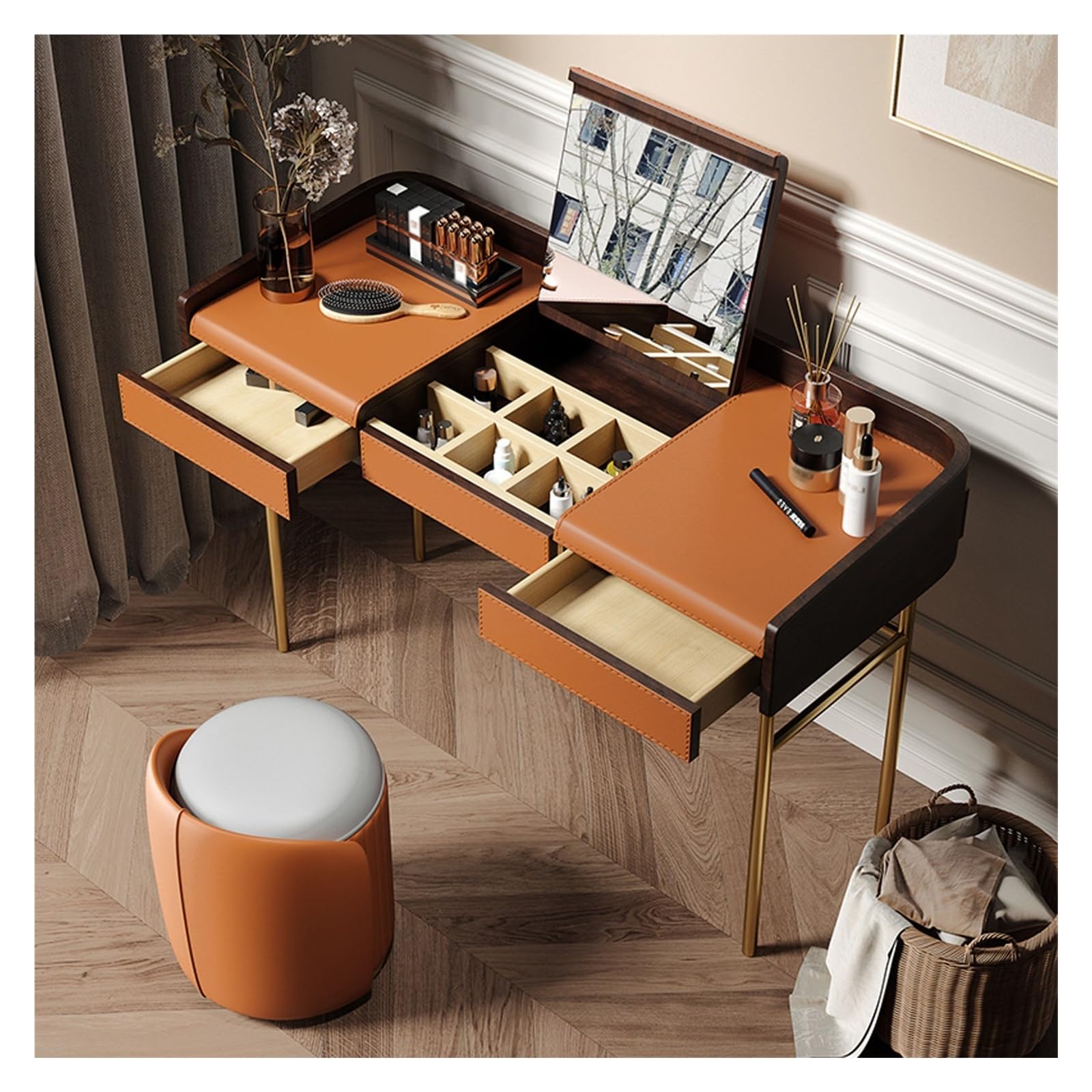 Juego de tocador de dormitorio gris con taburete abatible de madera con espejo oculto para el hogar, ideal para madres y mujeres