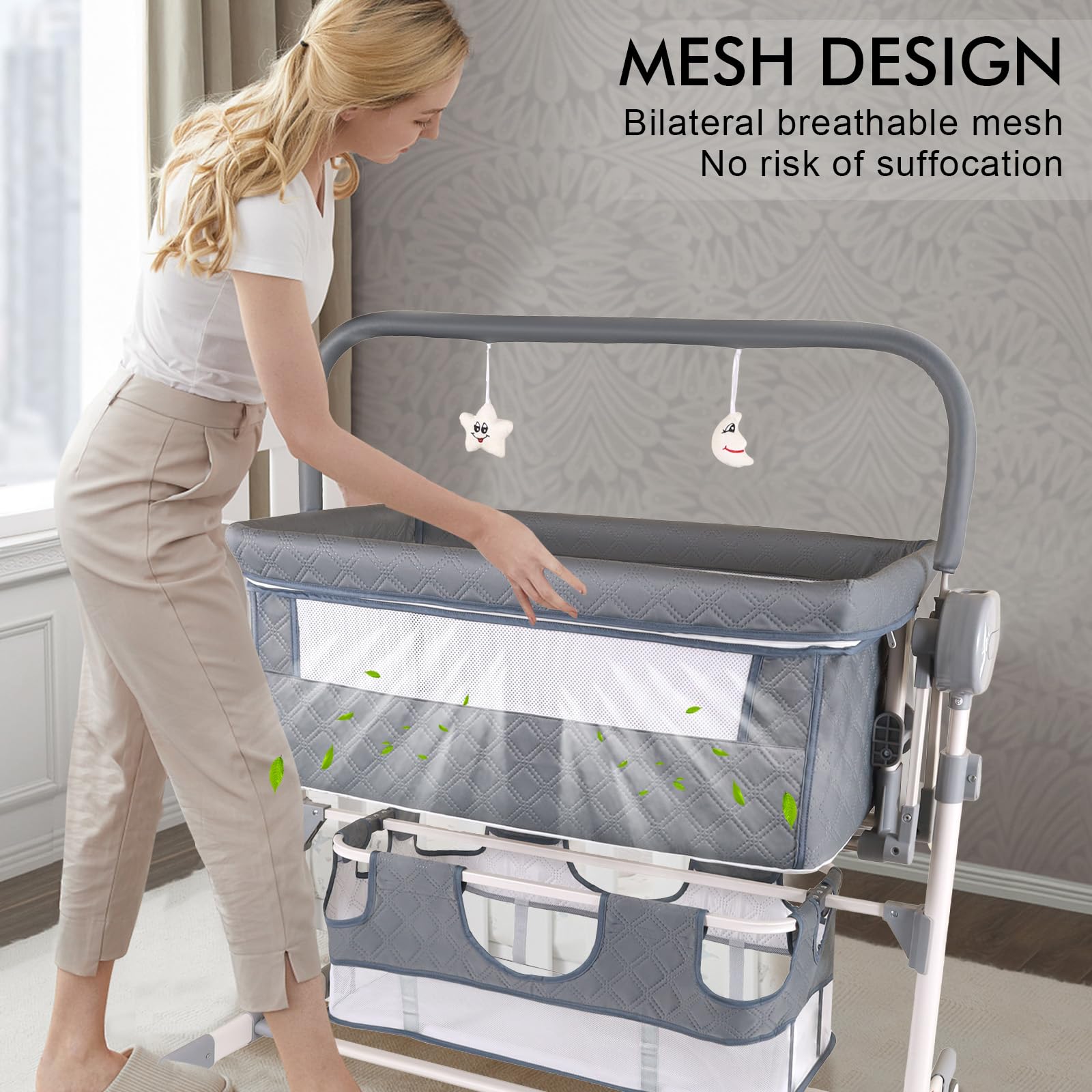 Tragbares Bettchen 3 in 1, Babyschaukel, Neugeborenenbett, mit Wickeltisch, Moskitonetz, Aufbewahrungskorb, Matratze, 4 Räder, für 0-24 Monate Baby (Elektrisch GRAU)